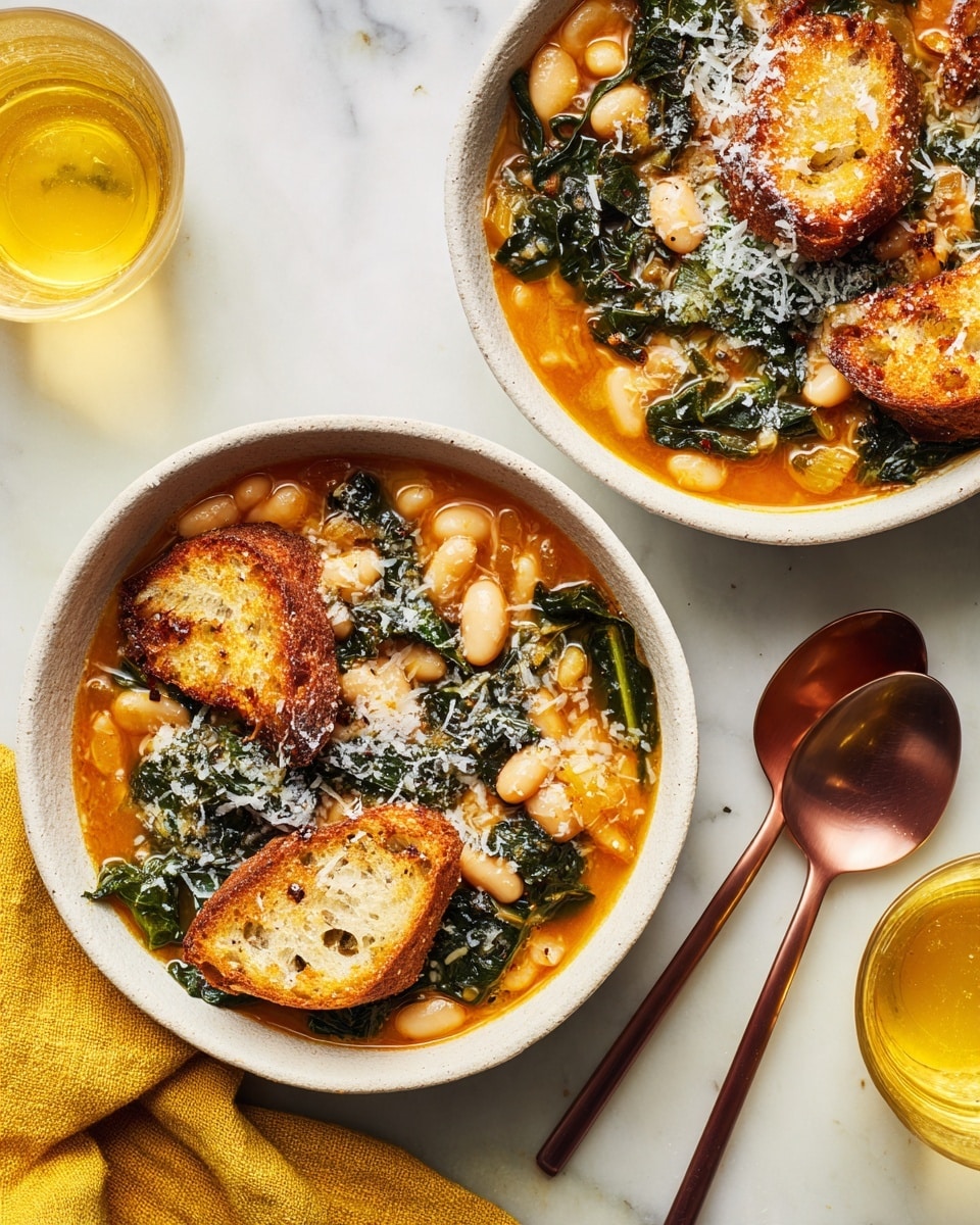 Two bowls of thick vegetable stew sit on a white marbled surface. Each bowl is white with a slightly textured rim, filled with a rich brown-orange soup base that has visible chunks of dark green leafy kale, white beans, and soft golden-brown bread pieces soaked in the broth. There are small sprinkles of grated cheese on top, adding a light dusting of white. A yellow cloth is laid down beside one bowl, and two shiny, dark metallic spoons rest near the lower right corner. A yellow-tinted glass is visible near the top right corner of the frame. The overall feel is warm and homey. photo taken with an iphone --ar 4:5 --v 7