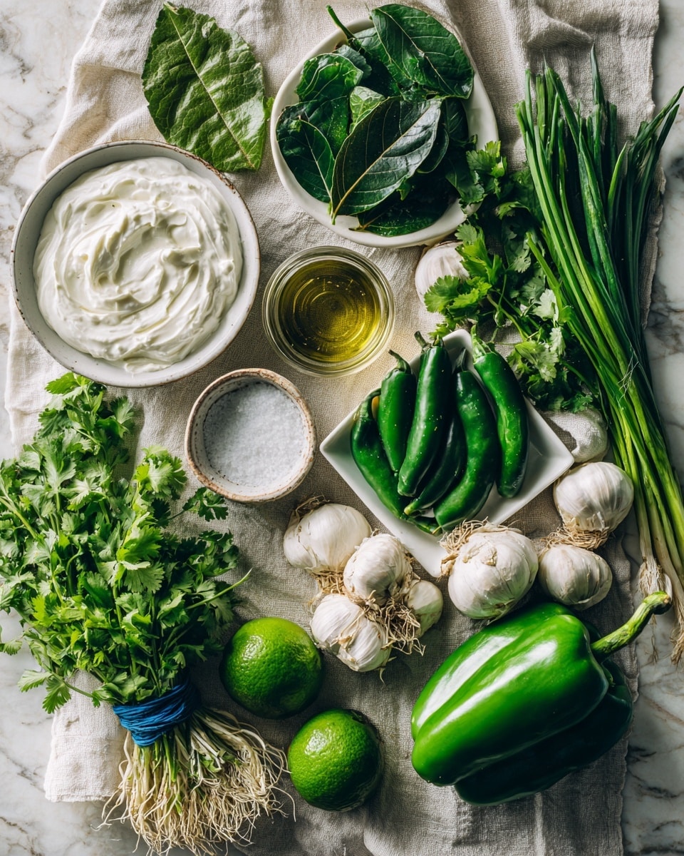 The image shows fresh green and white ingredients arranged on a light beige linen cloth over a white marbled surface. There is a white bowl with smooth white cream on the left, a small glass jar of golden oil next to a dark green leaf in the middle, and a small white bowl of coarse salt below it. Surrounding these are fresh green vegetables including a whole light green bell pepper at the bottom right, a green chili, bunches of cilantro and green onions tied with a blue rubber band, garlic bulbs with roots, two small round green vegetables in a white square dish, and a lime. Photo taken with an iphone --ar 4:5 --v 7