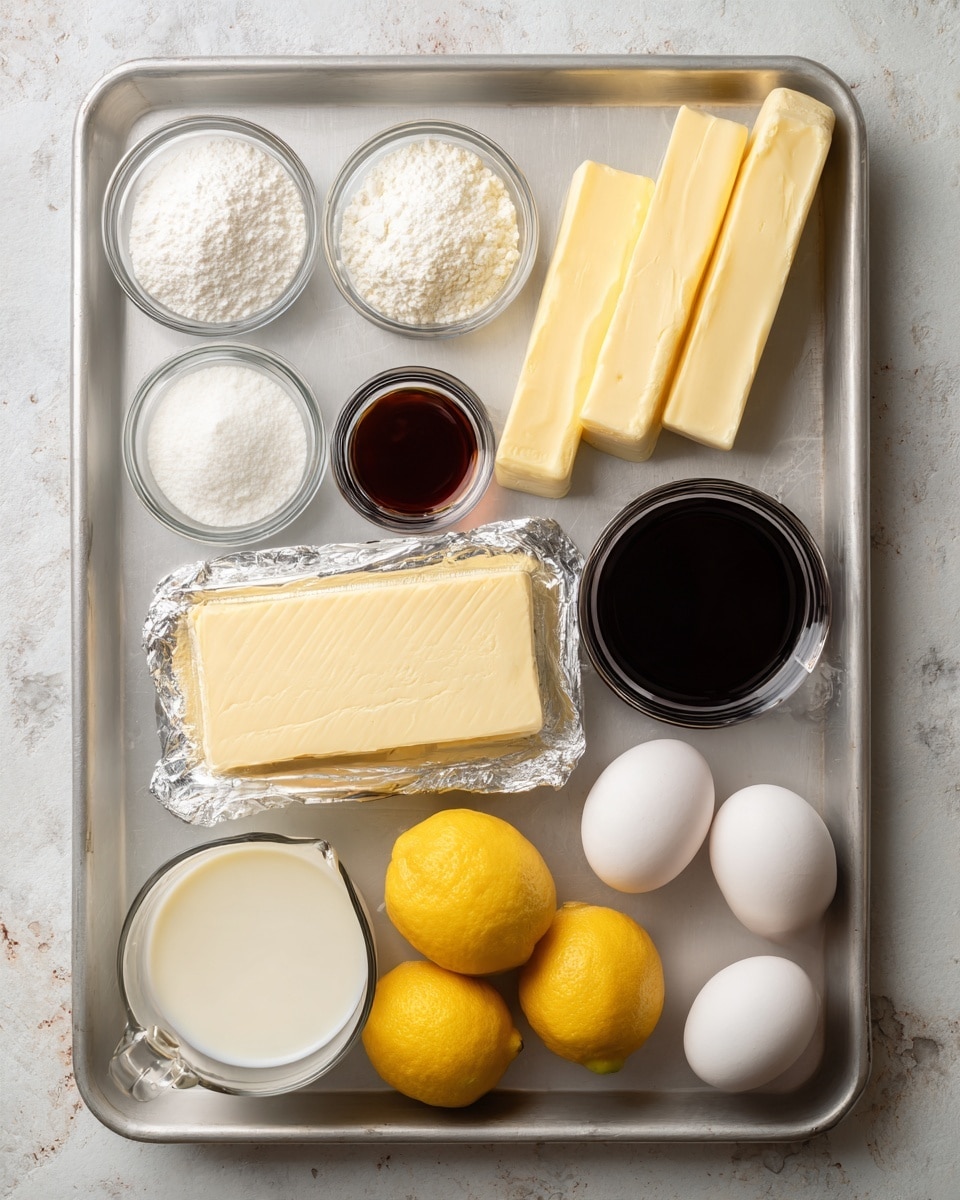 A metal baking tray holds several baking ingredients arranged neatly on a white marbled texture surface. From top left to right are three small clear glass bowls with white powders, then two sticks of butter stacked one above the other in yellow paper wrappers, next to a small glass cup filled with a dark brown liquid. Below them in the middle there are two whole yellow lemons, a silver rectangular wrapped block of cream cheese, a glass measuring cup filled with white milk, and three whole white eggs placed side by side near the bottom right corner. The surface around the tray is a white marbled texture. photo taken with an iphone --ar 4:5 --v 7