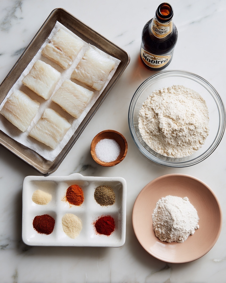 The image shows a cooking preparation scene on a white marbled surface. On the left side, a metal tray holds several pieces of raw white fish arranged in two rows on paper towels. Above the tray, there is a bottle of Modelo beer next to a small wooden bowl filled with salt. In the center, a large clear glass bowl contains white flour, and above it, a square glass container holds a pile of powdered white ingredient. Below the large bowl, a white ceramic dish holds four different spices arranged in small piles by color: pale beige, light tan, bright red, and deep reddish-brown. To the right of the large bowl, a pinkish-white plate carries a mound of more white powder. photo taken with an iphone --ar 4:5 --v 7