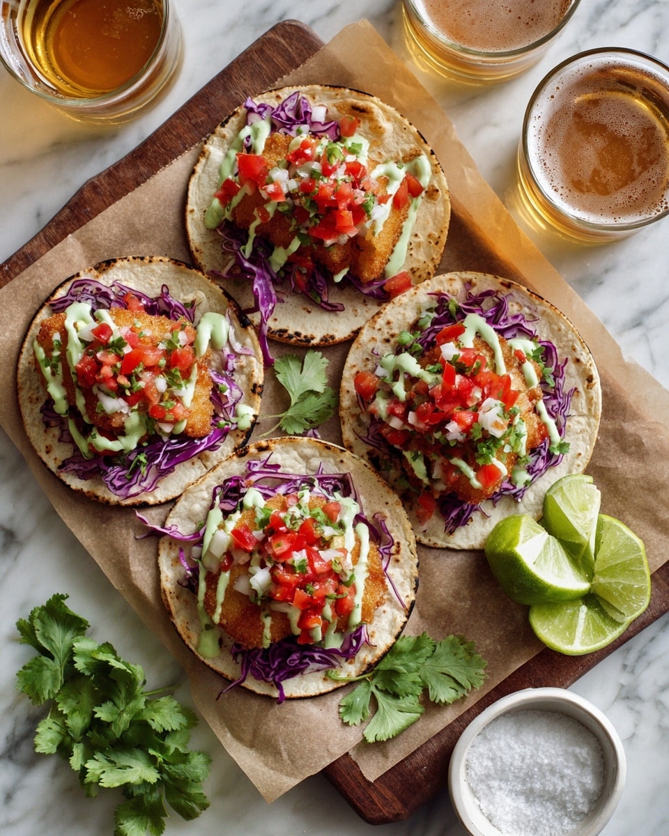 The image shows four small grilled tortillas placed on a wooden board lined with brown paper. Each tortilla holds a layered dish beginning with a base of shredded purple cabbage followed by a piece of golden fried fish in the center. On top of the fish, there is a generous spoonful of fresh salsa made from diced red tomatoes, white onions, and green peppers. A light green sauce is drizzled in zigzags over the salsa and fish. To the right of the tortillas, there is a cut lime with two halves displayed and some fresh cilantro beside it. A small white bowl containing coarse salt is also placed nearby. The background is a white marbled texture, and two half-filled glasses of light beer are visible behind the board. photo taken with an iphone --ar 4:5 --v 7