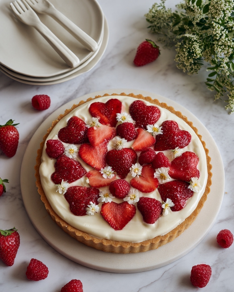A round tart with a light golden crust as the bottom layer is topped with a thick, smooth white cream layer evenly spread inside the crust. On top, there are fresh red strawberry halves, some cut in heart shapes, and whole red raspberries scattered all over the cream layer. Small white chamomile flowers with yellow centers are also spread across the tart. The tart sits on a white marbled surface with scattered whole and halved strawberries and raspberries around it. In the top left corner, two small white plates with two white forks resting on them are stacked. On the right side, there is a bunch of green chamomile stems with white flowers. The photo taken with an iphone --ar 4:5 --v 7