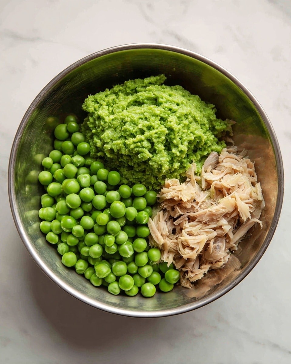 In a round metal bowl on a white marbled surface, there are three separate layers of ingredients: bright green whole peas forming a smooth, shiny cluster at the bottom left, a mound of vibrant green mashed peas with a slightly lumpy texture placed above the whole peas, and to the right, a mix of light brown and beige cooked shredded vegetables with a soft texture. The light reflects softly off the metal bowl and fresh ingredients, showing a natural and fresh preparation. Photo taken with an iphone --ar 4:5 --v 7