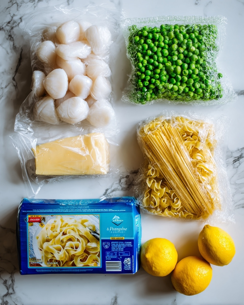 The image shows six food items placed on a white marbled surface: a clear plastic bag of large white scallops at the top left, a bright green bag of frozen sweet peas to the right, a mesh bag filled with bright yellow lemons near the center, a wedge of light yellow cheese wrapped in clear plastic to the bottom left, and a blue rectangular box of uncooked angel hair pasta with an image of cooked pasta on it, positioned diagonally at the bottom. Two loose bright yellow lemons are placed near the mesh bag of lemons on the right side. photo taken with an iphone --ar 4:5 --v 7