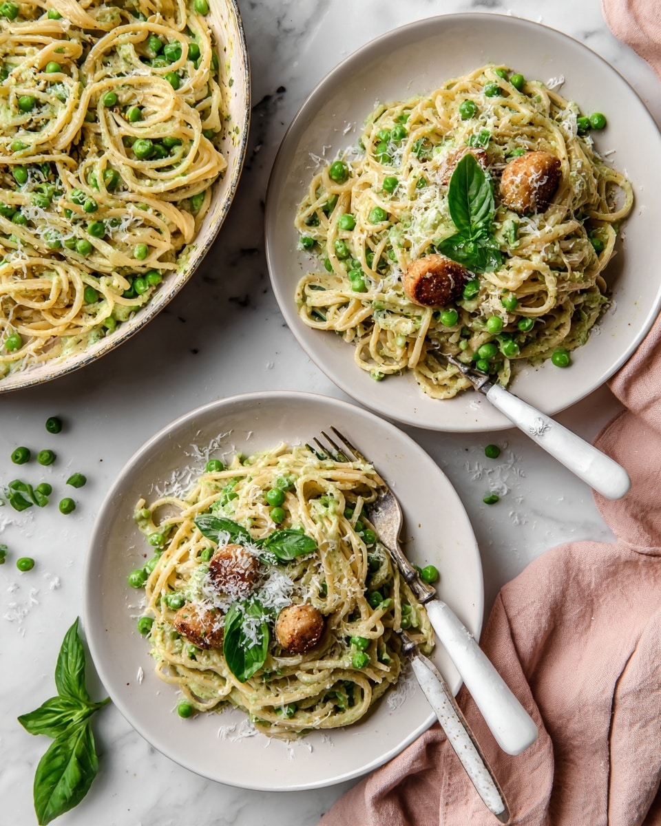 Two white plates hold spaghetti with pesto sauce as the base layer, colored light green and stringy in texture. On top, bright green peas are scattered evenly. There are three golden brown, round pieces of fried food placed on each plate. A few fresh green basil leaves are added on top for garnish. Some grated white cheese is sprinkled over both dishes. Forks with white handles rest on the edge of each plate. In the top left corner, a white casserole dish contains more spaghetti with peas and fried pieces. The dishes sit on a white marbled surface with some scattered peas and basil leaves. A soft, pale pink cloth with tassels lies near the plates. Photo taken with an iphone --ar 4:5 --v 7