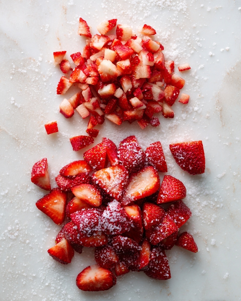 The image shows two groups of strawberries on a white marbled surface. The top group is finely diced strawberries with a mix of red and pink shades, scattered loosely in a small pile. Below this, there is a larger pile of strawberry halves and quarters, displaying vibrant red skin and lighter inner flesh, sprinkled with white granulated sugar. The contrast between the two groups is clear with the smaller, more textured pieces above and the larger, juicier strawberry pieces below. The overall scene is bright and fresh. photo taken with an iphone --ar 4:5 --v 7