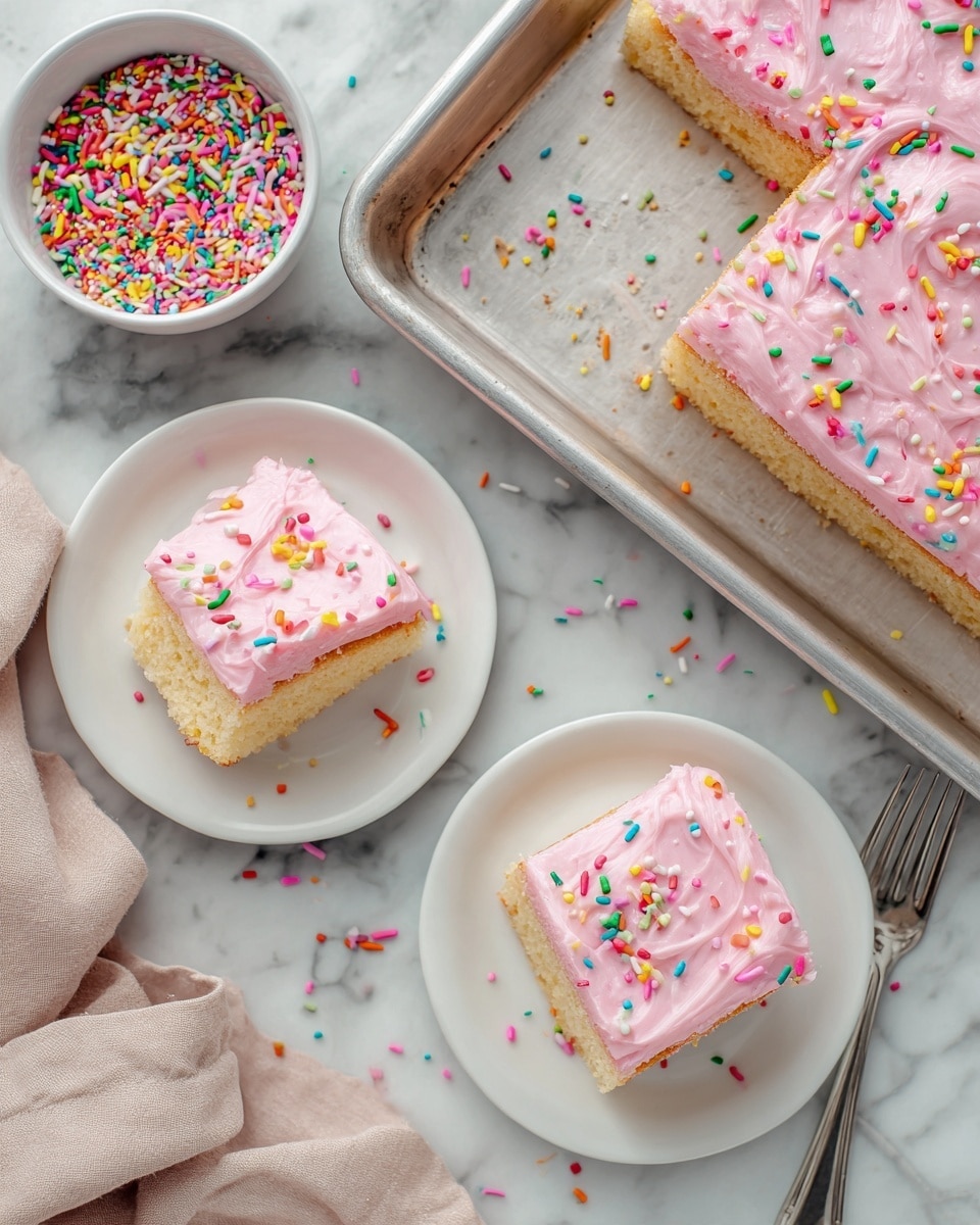 A rectangular cake sits on a silver tray on a white marbled surface, frosted with a thick layer of light pink icing that has a soft, slightly swirled texture. The cake is cut into several square pieces, two of which are removed and placed on white plates nearby. Each piece is decorated with small, colorful sprinkles in red, blue, green, yellow, and white scattered across the pink icing. A small white bowl filled with more sprinkles sits on the right side of the tray. A soft beige cloth with fringed edges is draped casually at the top left corner of the image. Photo taken with an iphone --ar 4:5 --v 7