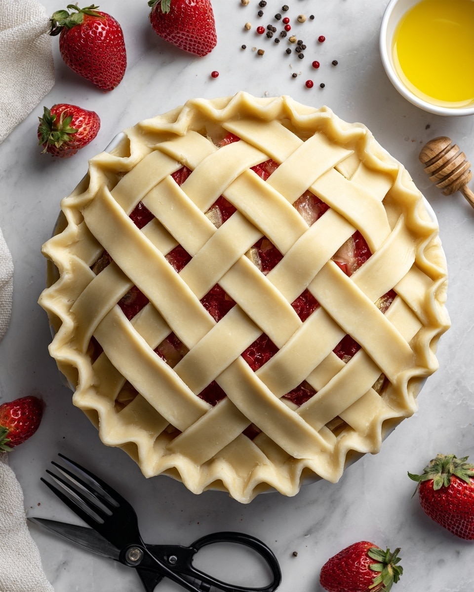 The image shows an unbaked pie with a woven lattice crust on top, featuring pale beige dough strips arranged in a crisscross pattern that reveals small red fruit filling underneath. The pie edges have a crimped design, adding texture around the round shape. The pie is set on a white marbled surface surrounded by fresh red strawberries, a small white bowl with a yellow egg wash, black kitchen scissors, a black fork, and a honey dipper. Red peppercorns scattered nearby add more color to the scene. Photo taken with an iphone --ar 4:5 --v 7