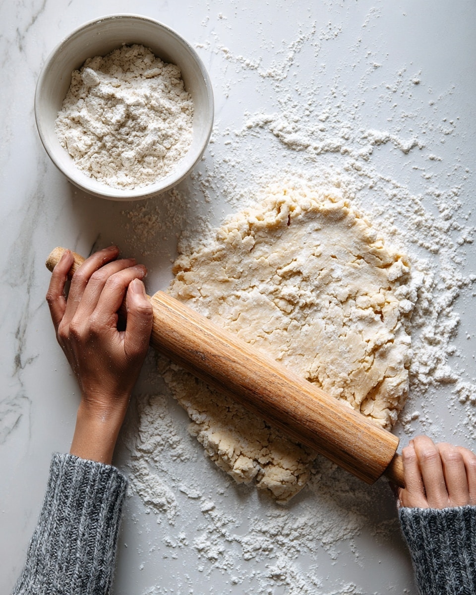 A close-up image showing a woman's hands rolling out a light beige dough on a white marbled surface using a wooden rolling pin. The dough is thin and unevenly shaped, with a rough texture. In the bottom left corner, there is a white bowl filled with flour, some flour is scattered on the surface around the dough. The woman's hands and part of the forearms are visible, with the woman wearing a gray knit sweater. Photo taken with an iphone --ar 4:5 --v 7