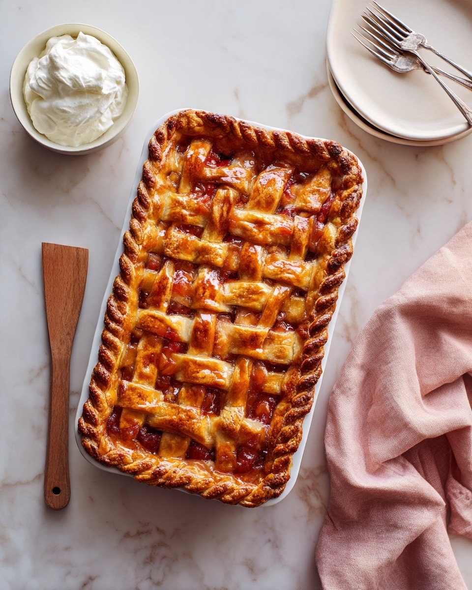 A rectangular fruit pie with a golden-brown lattice crust made of wide strips and twisted ropes of dough covers a filling of small red fruit pieces visible through the gaps. The edge of the pie crust is crimped in a wavy pattern. The pie sits on a white marbled surface next to a small white bowl filled with white cream, a wooden pie server, and two stacked white plates with a fork on top. A soft pink cloth is folded beside the pie near the bottom right corner. Photo taken with an iphone --ar 4:5 --v 7