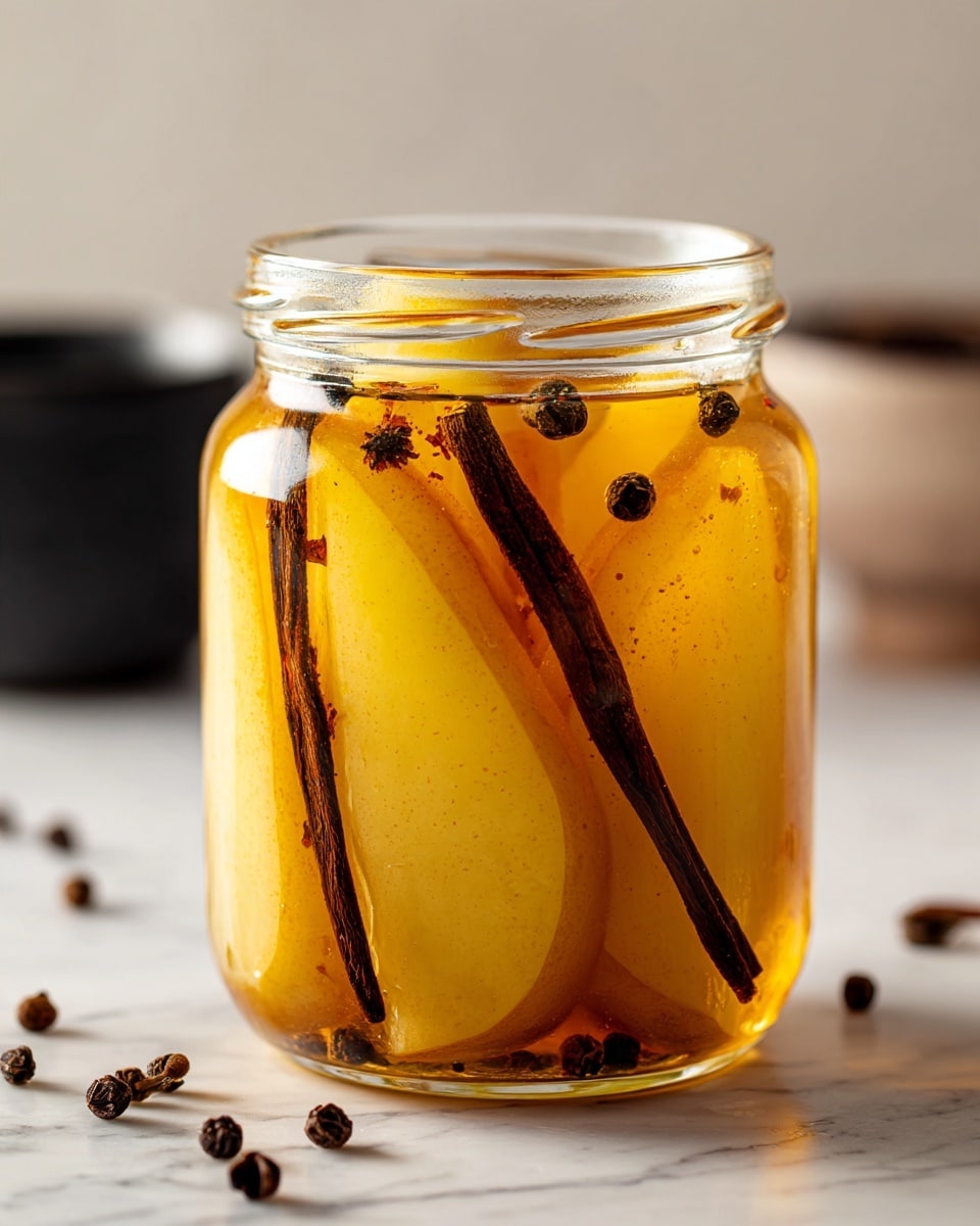 A glass jar filled with a warm, golden-yellow syrup containing several tender peach slices layered unevenly inside. Among the peach slices are whole dark brown cloves and a single cinnamon stick resting near the top. Wisps of steam rise gently above the jar, giving a sense of warmth. The jar is set on a white marbled surface with a blurred dark container with a tan lid in the background. photo taken with an iphone --ar 4:5 --v 7