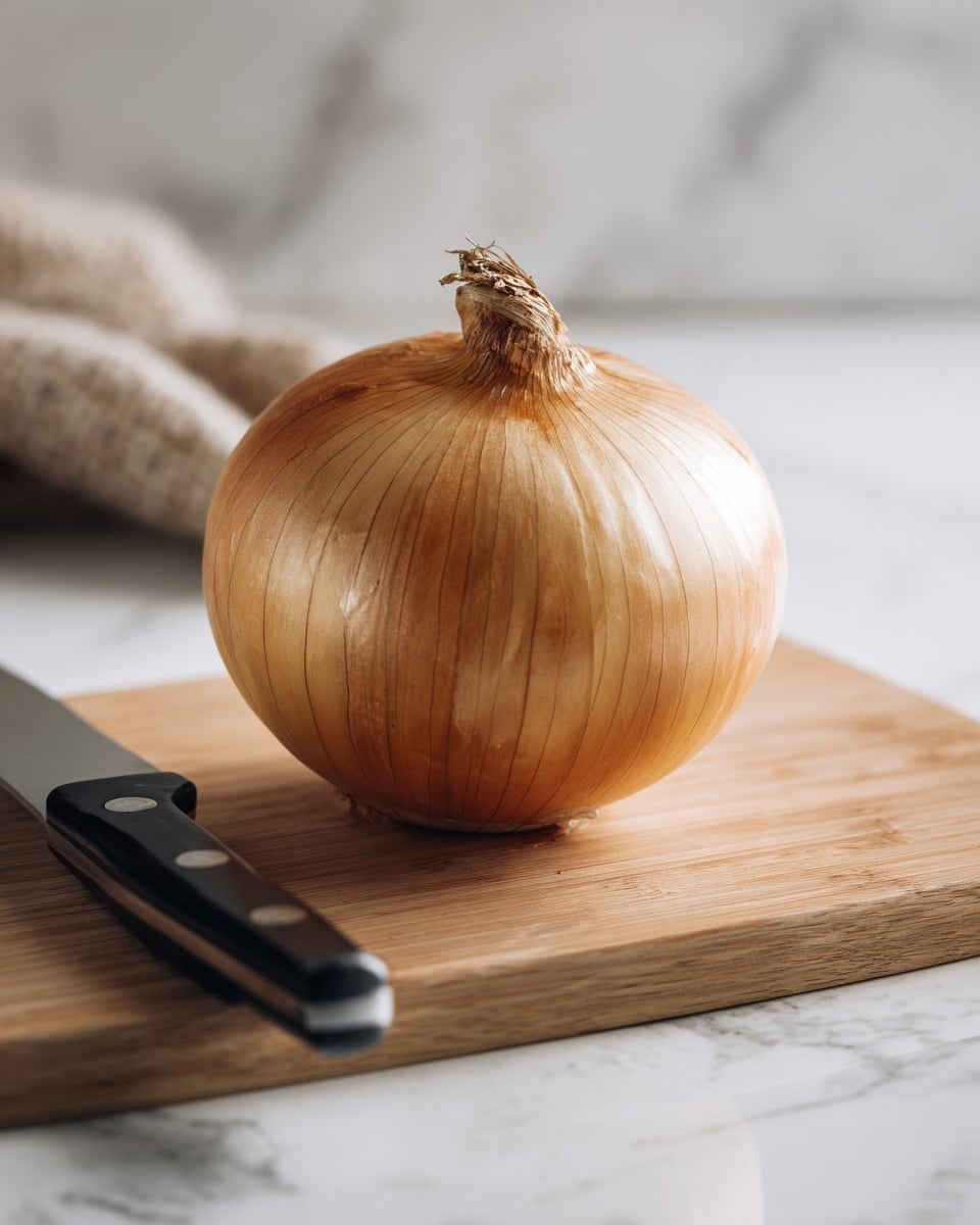 A single onion with light brown skin sits on a wooden cutting board. The onion has a round shape with lines running vertically and a short stem at the top. Next to the onion, there is a knife with a black handle and a shiny metal blade lying flat on the board. The scene has a soft, natural lighting with a blurred background. The surface is a white marbled texture. photo taken with an iphone --ar 4:5 --v 7