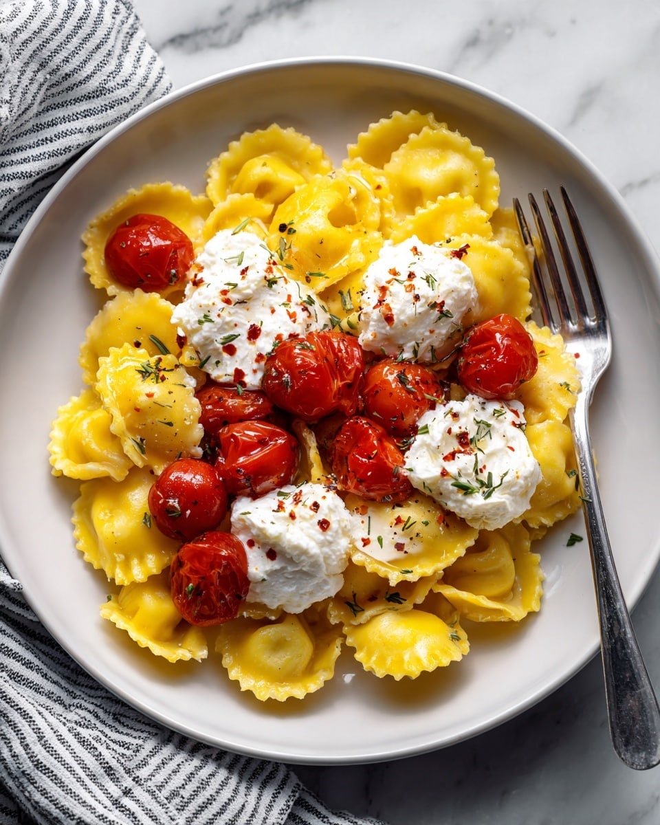 A white bowl holds a dish of bright yellow pasta with a wavy edge, mixed with whole red cherry tomatoes. Scattered on top are small white dollops of soft cheese sprinkled with tiny red flakes. A silver fork rests on the edge of the bowl. The bowl is placed on a white marbled surface with a yellow striped cloth nearby. photo taken with an iphone --ar 4:5 --v 7
