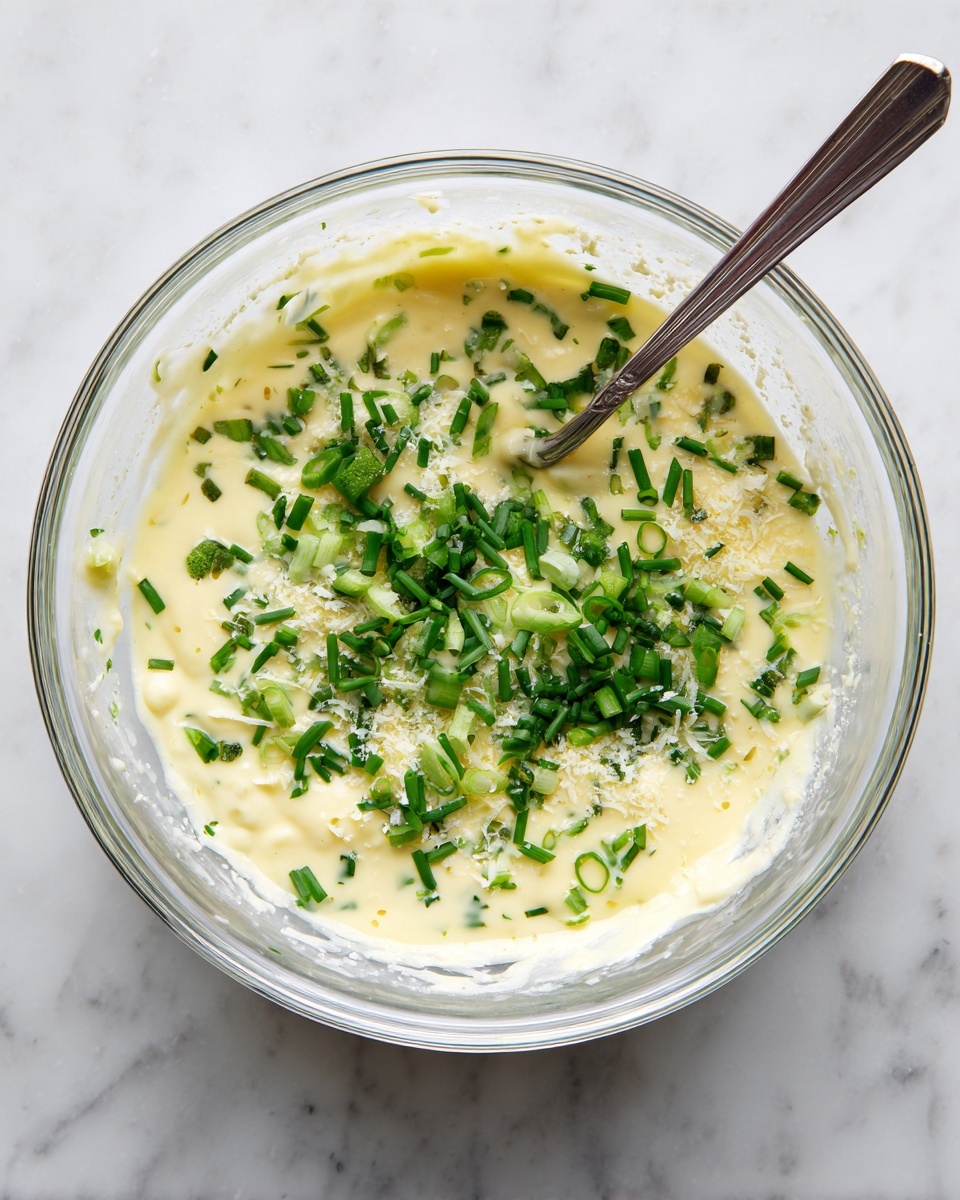 A clear glass bowl sits on a white marbled surface filled with a creamy, pale yellow mixture with finely grated white cheese around the inside edges. Floating on top are thinly sliced green scallions and chopped darker green chives scattered evenly across the surface. A silver spoon rests inside the bowl, partially submerged in the mixture. The texture appears smooth and slightly thick, with a fresh, natural look from the green herbs. photo taken with an iphone --ar 4:5 --v 7