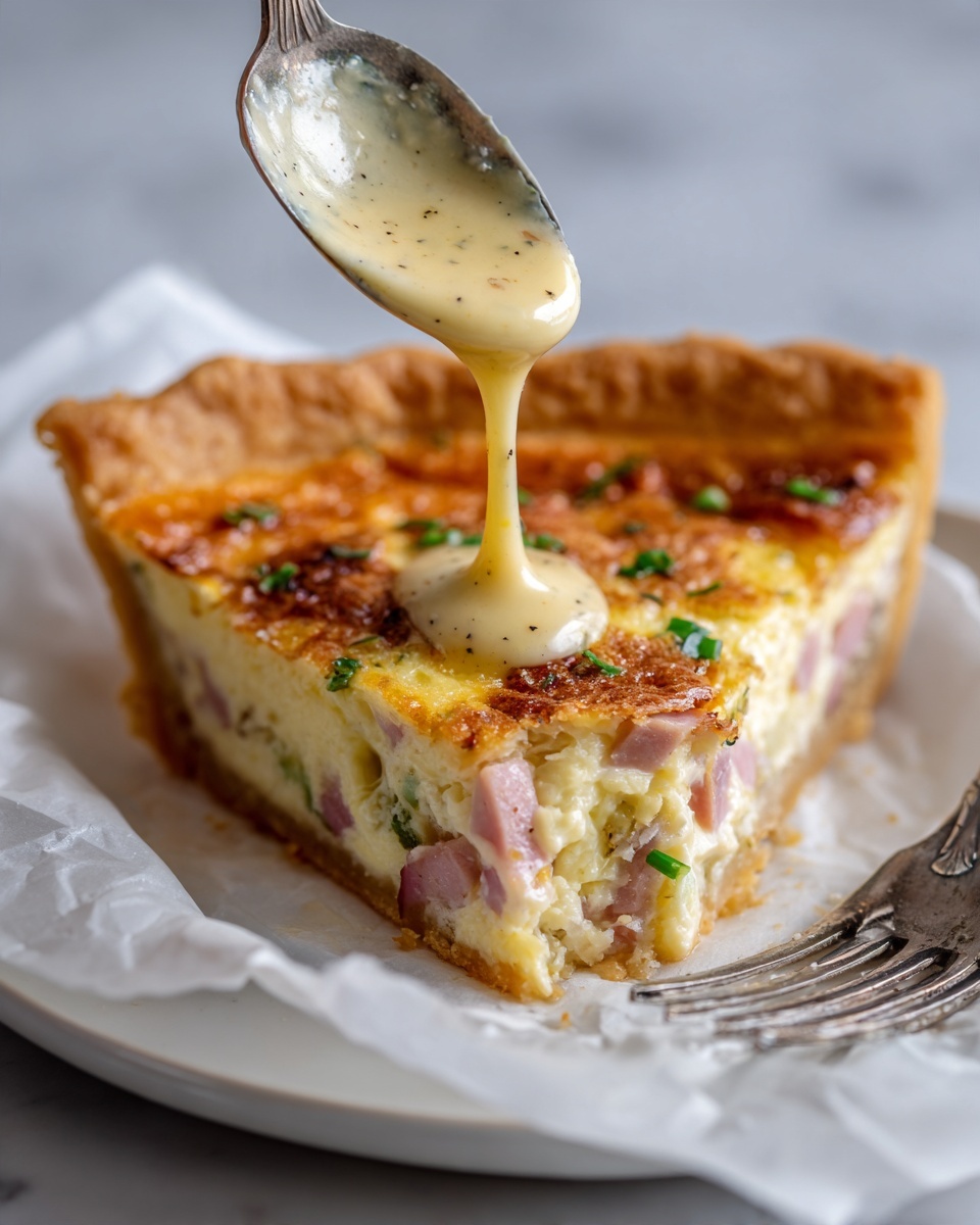A white plate on a white marbled surface holds a single slice of quiche with a thick golden-brown crust on the outer edge. The quiche consists of a pale creamy egg mixture with visible green herbs and small cubes of ham mixed throughout. Near the center, a dollop of smooth white sauce sits on top of the slice, while a spoon above is pouring a light yellow sauce onto the dollop. To the right of the plate, a silver fork rests on the crinkled white parchment paper underneath the quiche. photo taken with an iphone --ar 4:5 --v 7