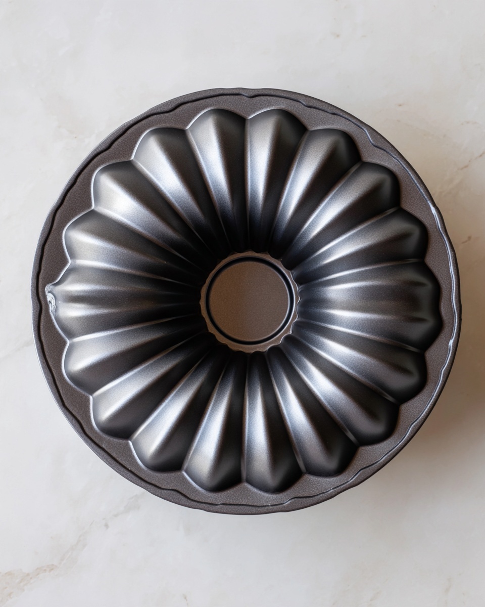 This image shows a dark gray Bundt cake pan with a shiny surface and a simple scalloped edge shape. It has a hole in the center and rounded ridges running from the center to the outer edge, creating a fluted design. The pan is placed on a white marbled surface, and there are no other items or food inside it. The overall look is clean and modern, with a smooth metallic texture and subtle reflections on the pan. photo taken with an iphone --ar 4:5 --v 7