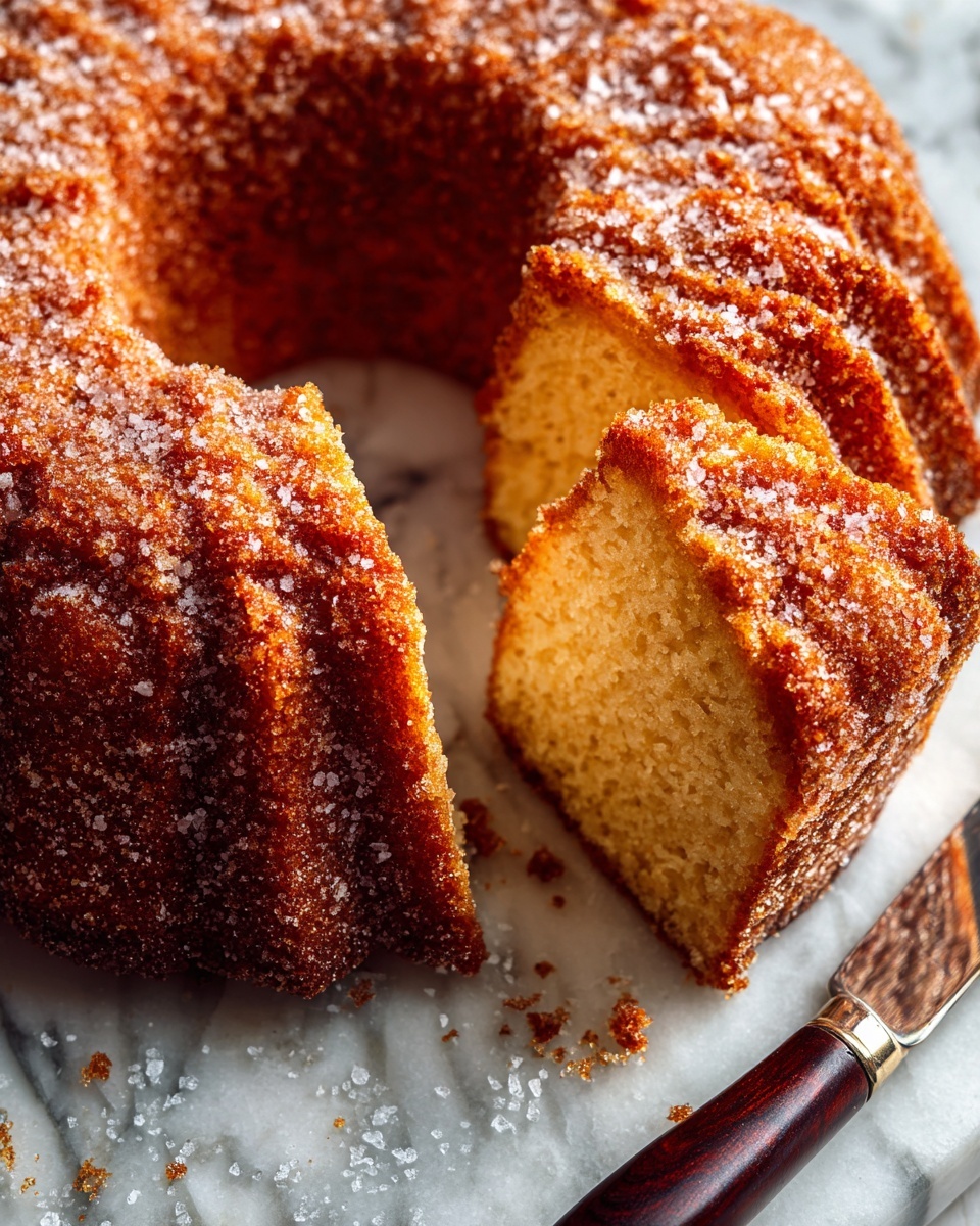 A round bundt cake with a dark golden-brown crust covered in a layer of sugar, showing a soft, light brown inside where a slice has been removed and placed slightly forward. The cake sits on a white marbled surface next to a knife with a wooden handle and a silver blade, with sugar crystals scattered around. photo taken with an iphone --ar 4:5 --v 7