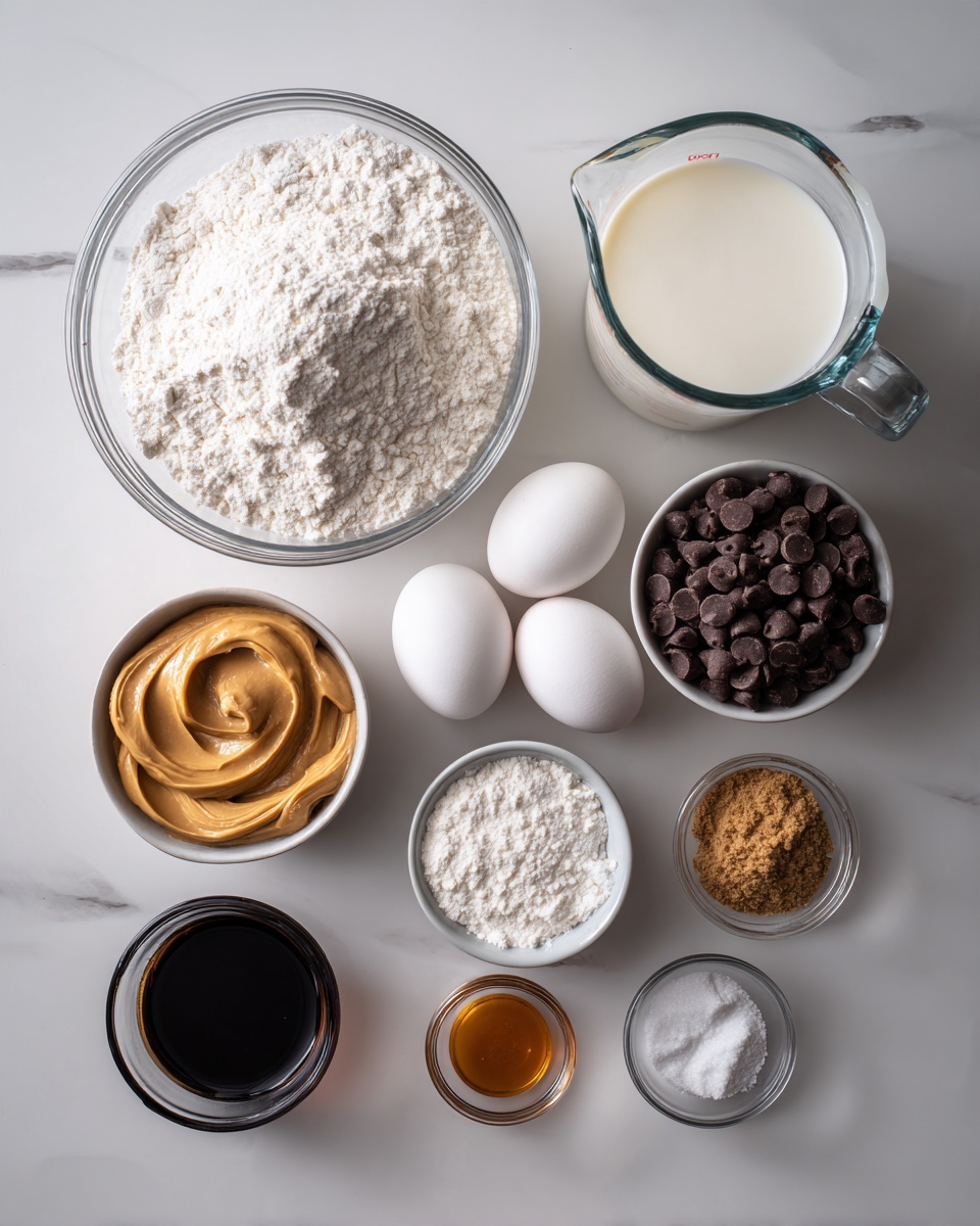 The image shows several glass and white bowls arranged neatly on a white marbled surface. The largest glass bowl is filled with white flour, placed near the bottom left. A medium-sized glass measuring jug filled with white buttermilk is at the upper right. Two whole white eggs rest beside the flour bowl. A white bowl filled with small dark brown chocolate chips is on the right side. A small glass bowl contains a mix of white and brown sugar, positioned near the bottom right. Two small glass containers hold salt and baking powder, placed near the bottom center. A black measuring cup filled with creamy peanut butter sits at the top left. A small glass bowl of amber-colored vanilla extract is beside the sugar bowl. Each ingredient is labeled with clear white text on black background. The setup is clean, well-lit, with a simple and tidy layout. Photo taken with an iphone --ar 4:5 --v 7
