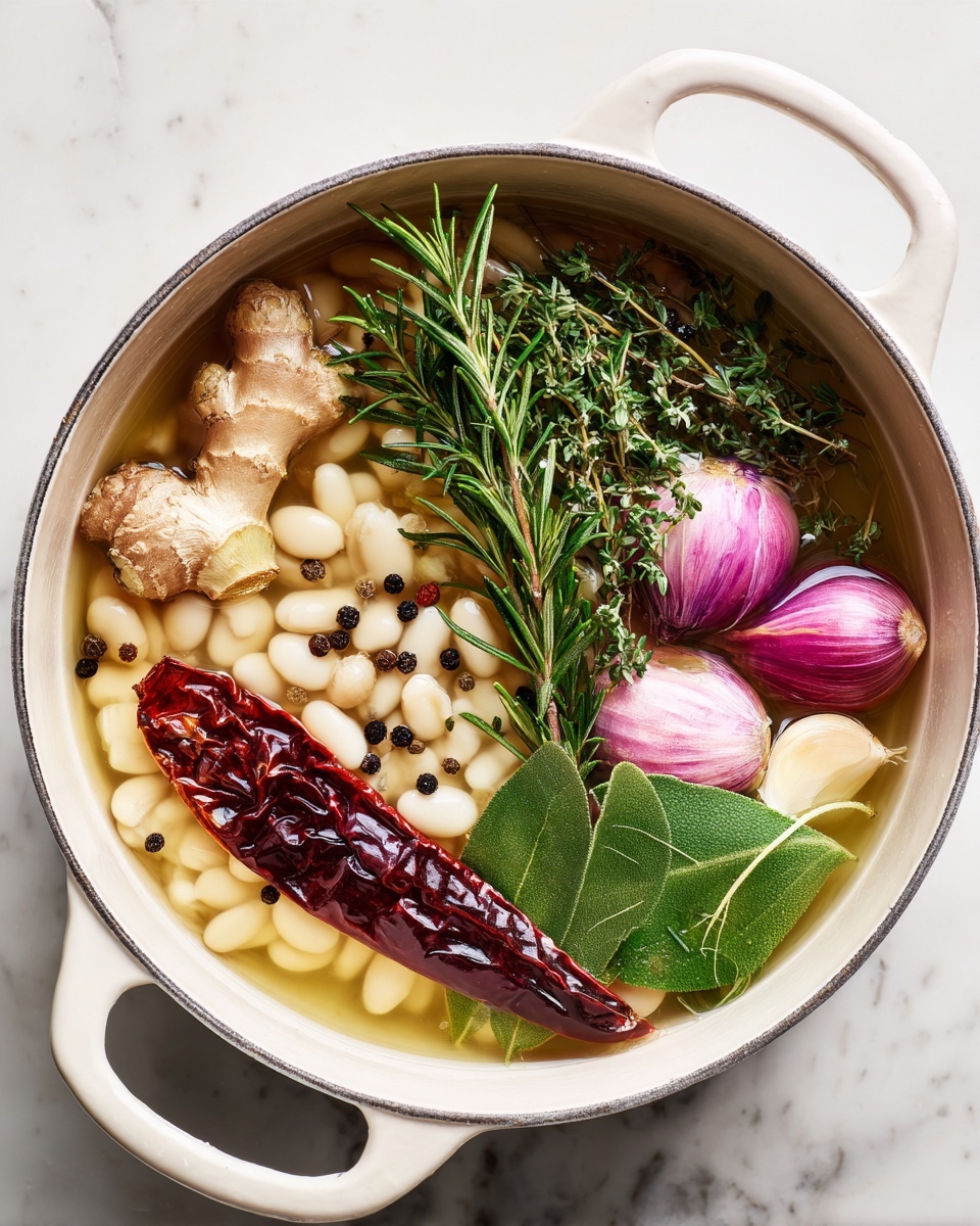 A white pot filled with a clear broth that has white beans at the bottom forming the first layer. Floating on top are various fresh ingredients including a piece of light brown ginger, a cluster of dark green thyme, a green sprig of rosemary, a bulb of white garlic sliced open, two halves of purple shallots with green leaves, two green bay leaves, scattered black peppercorns, and a large dark red dried chili pepper lying across the bottom. The pot is placed on a white marbled surface. photo taken with an iphone --ar 4:5 --v 7