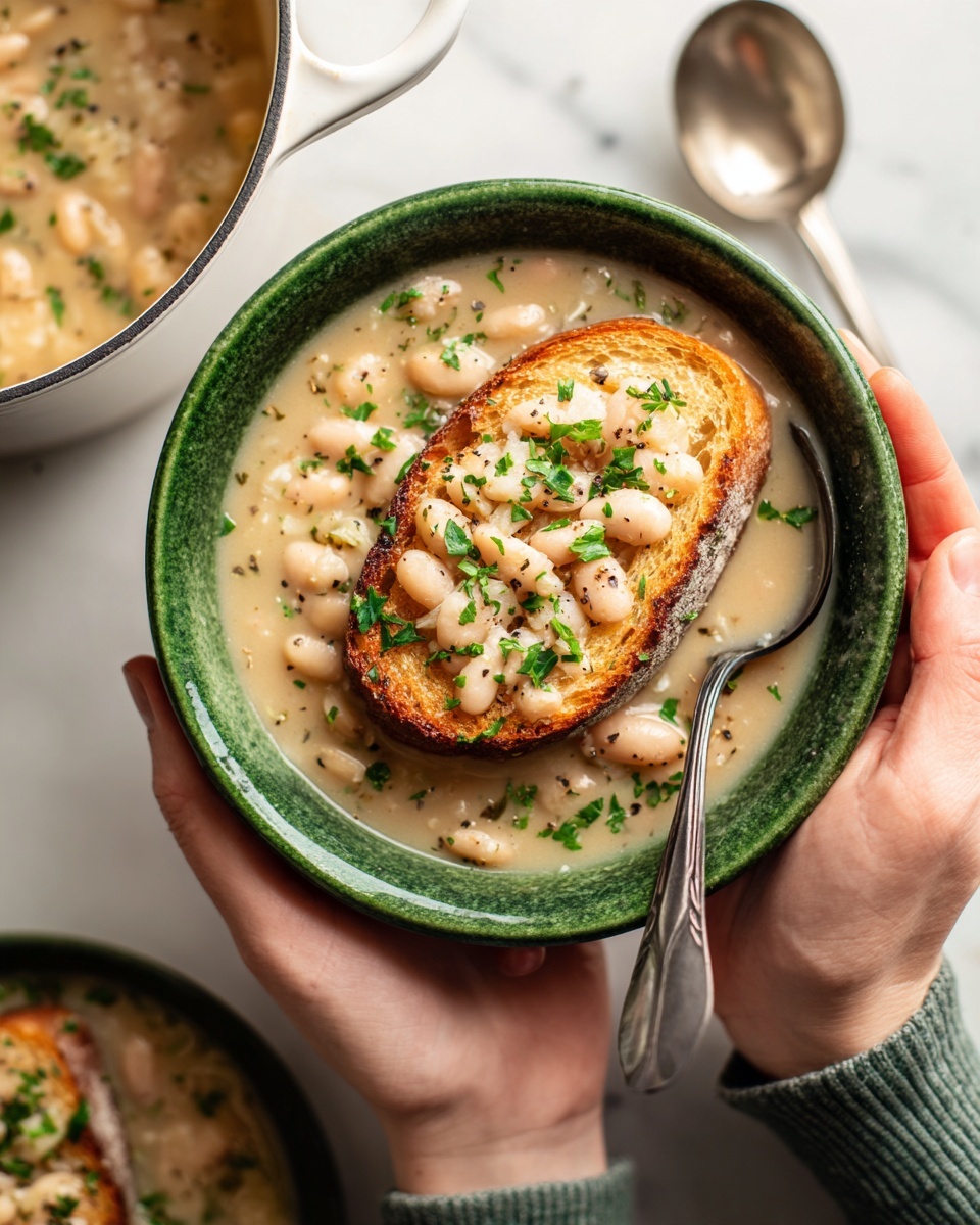 A green bowl with a brown rim holds a dish consisting of one toasted bread slice at the bottom, topped with a layer of small white beans mixed with herbs and some green leafy bits. The beans look soft and are sprinkled with small black pepper pieces. A silver spoon with a patterned handle rests inside the bowl, partially in the beans. The bowl is held by two woman’s hands against a white marbled surface, near a white pot filled with a yellowish bean soup that has visible white beans and green herbs floating in it. Photo taken with an iphone --ar 4:5 --v 7
