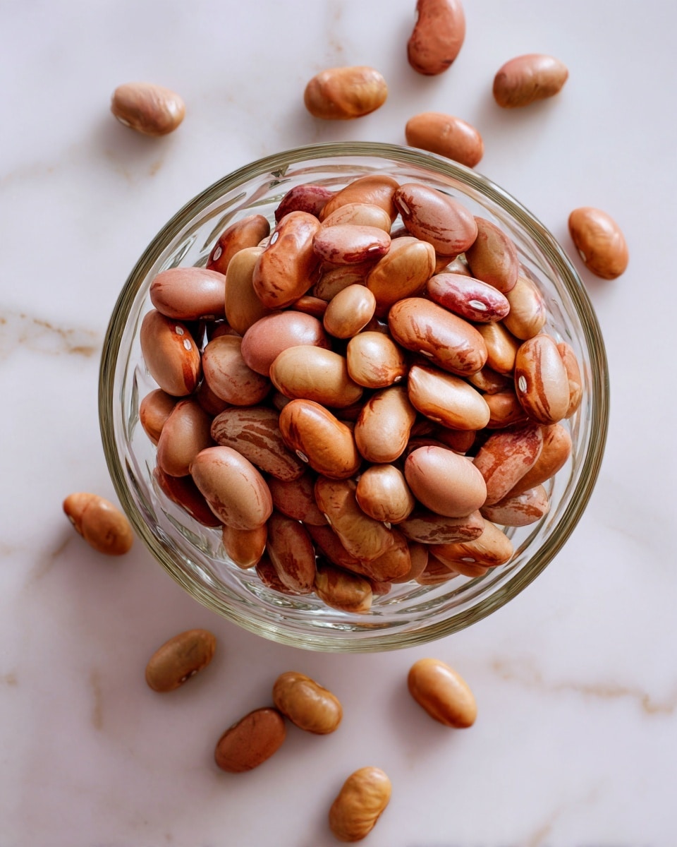 A clear glass bowl filled with light brown to reddish dry beans, showing a smooth, oval shape and slight color variations among the beans. A few beans are scattered around the bowl on a white marbled surface, creating a casual and natural look. The bowl is viewed from above, highlighting the round shape and translucent glass texture. photo taken with an iphone --ar 4:5 --v 7