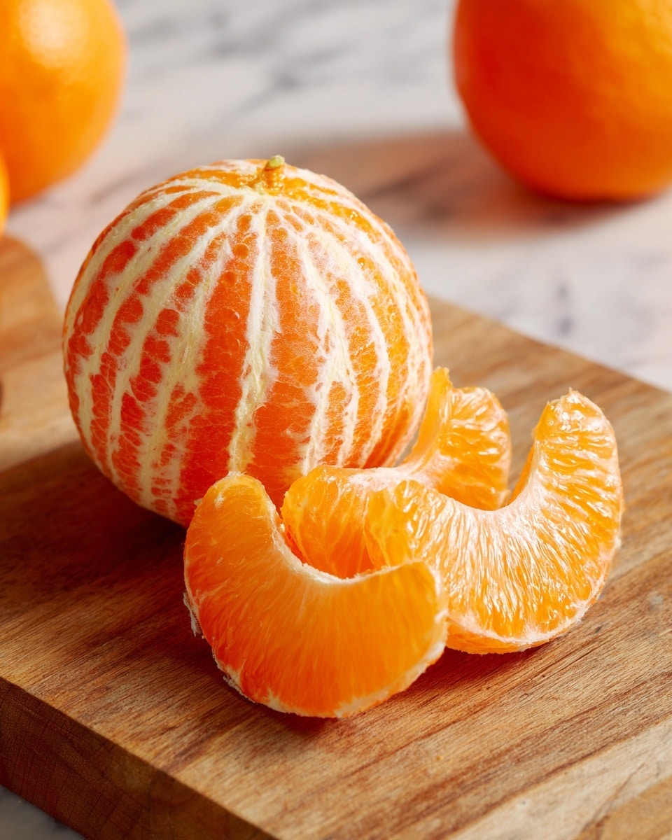 A peeled orange stands upright on a wooden board with visible grains and texture, with its skin partly removed in wide strips around it, and three bright orange segments placed closely in front of it, showing their juicy, slightly translucent texture. Part of the orange skin sits blurred in the background to the right. The surface is changed to a white marbled texture. photo taken with an iphone --ar 4:5 --v 7