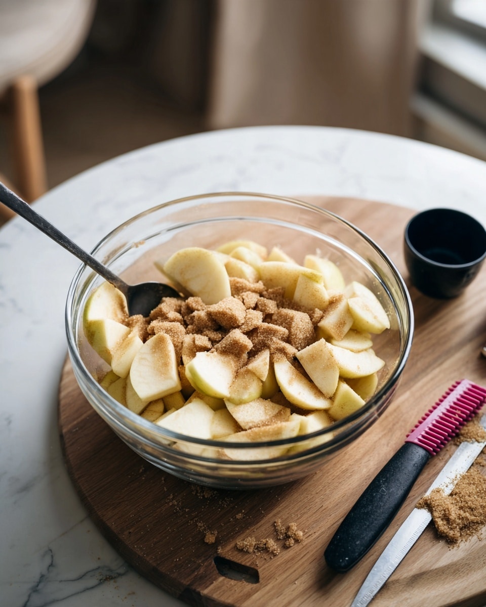 A clear glass bowl sits on a wooden cutting board with sliced pale yellow apple pieces arranged inside it. On top of the apple slices, there are uneven clumps of light brown sugar scattered around. A black spoon is partially placed inside the bowl resting on the apple slices and sugar. Nearby on the cutting board, there is a black-handled knife and a black measuring cup, along with a pink peeler. The scene is set on a white marbled surface with a blurred round table and neutral-colored background in soft focus. photo taken with an iphone --ar 4:5 --v 7