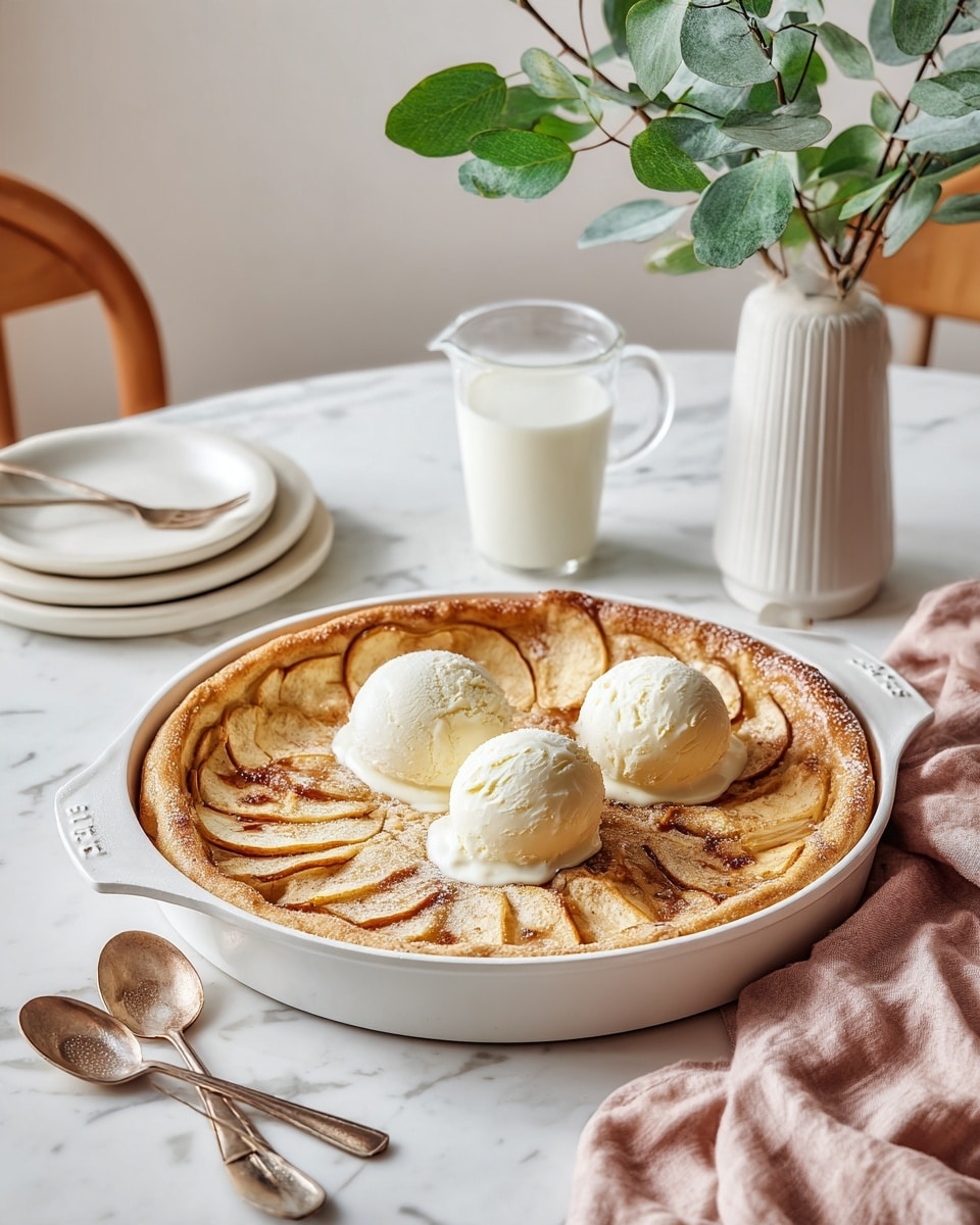 A white skillet filled with a warm dessert topped with sliced, baked apples that are light brown and slightly juicy. On top of the apples are three round scoops of vanilla ice cream, creamy and smooth, placed in the center of the skillet. Next to the skillet is a soft, light pink cloth and a glass of milk on the left side. The surface is a clean white marbled texture. In the blurred background, a white round table with a vase holding green leaves is visible. photo taken with an iphone --ar 4:5 --v 7