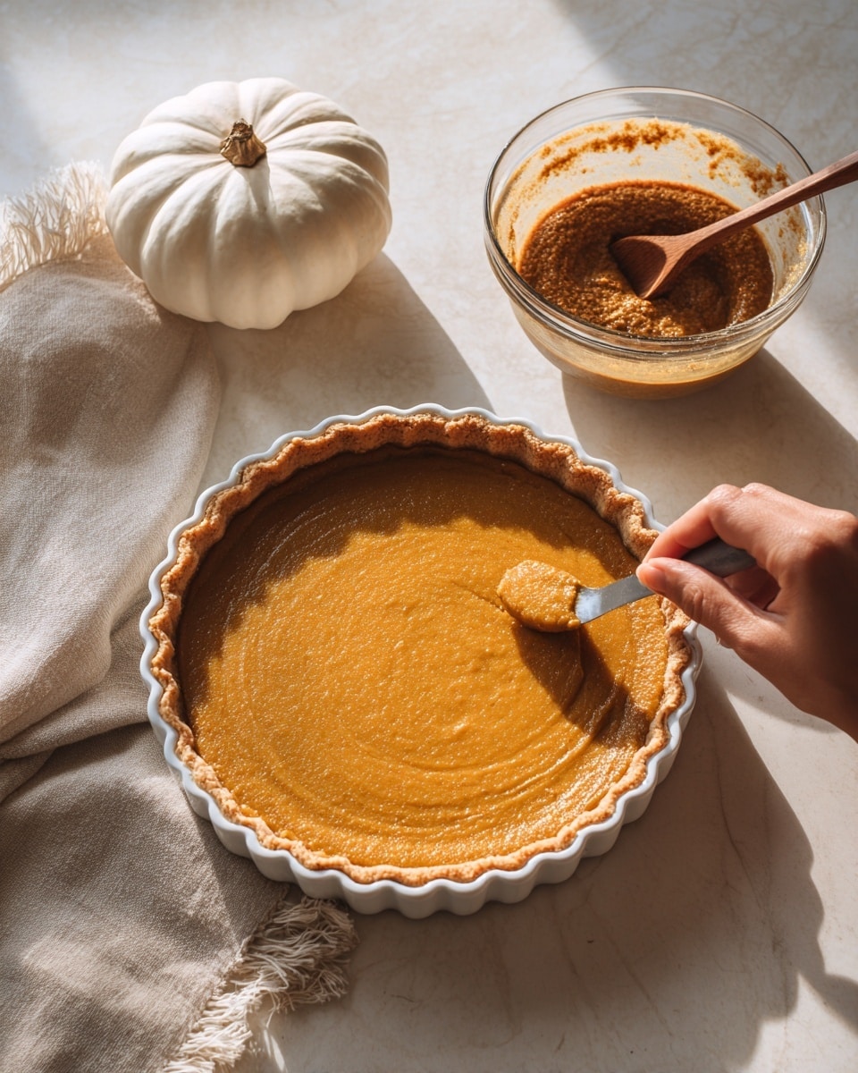 A white marbled surface holds a tart with a golden brown crust that forms one outer layer with a scalloped edge. Inside the tart shell is a thick, smooth, light orange pumpkin filling being spread evenly by a woman's hand holding a small spatula. Above and to the right, a glass bowl contains a darker brown mixture with a wooden spoon inside. To the left of the tart is a small white pumpkin and a beige cloth with fringed edges. The scene is lit softly with natural light. photo taken with an iphone --ar 4:5 --v 7