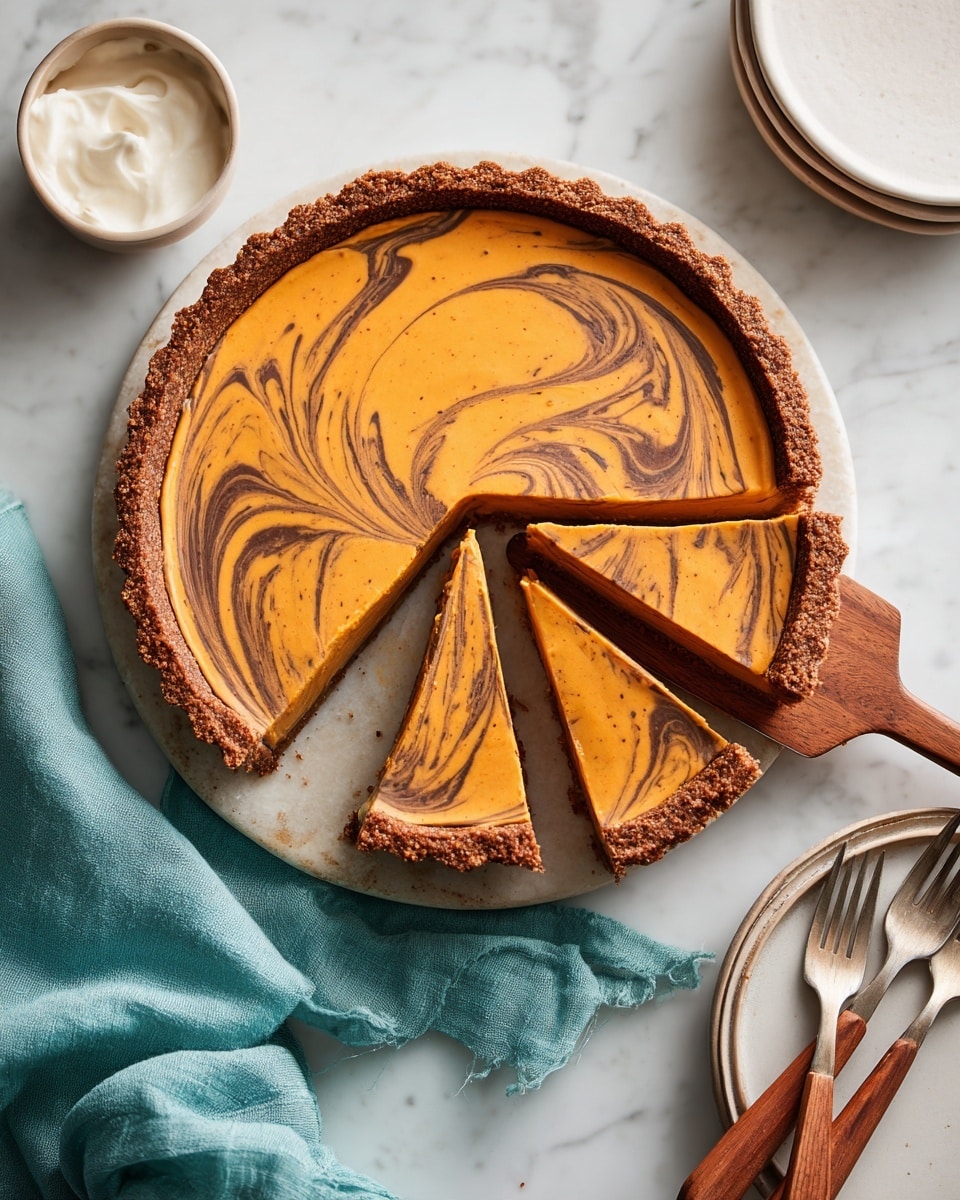 A round tart with a golden-brown crumbly crust holds a smooth, orange filling swirled with dark brown patterns, creating a marbled effect on the surface. One slice is being lifted out on a wooden spatula, showing the even, firm texture of the filling. The tart sits on a white marbled surface, with a small stack of white plates and a small bowl of light cream nearby. A turquoise cloth with a rough edge is placed at the bottom left, and two forks with wooden handles rest above on the right. Photo taken with an iphone --ar 4:5 --v 7