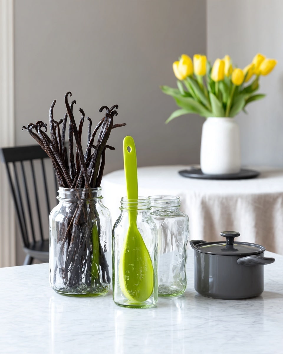 Three clear glass bottles sit on a white marbled countertop, each containing several long dark vanilla beans. One bottle is in the center with a bright green collapsible funnel inserted into its top. To the right of the bottles is a small dark grey saucepan with a black handle. In the background, a round table covered with a white tablecloth holds a white vase with yellow tulips, and a black chair is partially visible against a plain light grey wall. Photo taken with an iphone --ar 4:5 --v 7