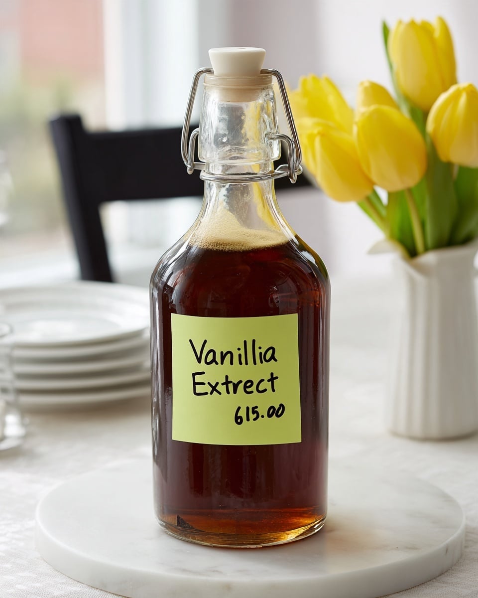 A clear glass bottle filled with dark brown vanilla extract stands centered on a white marbled surface. The bottle has a metal clasp and white stopper on top. A bright green label on the front shows handwritten text
