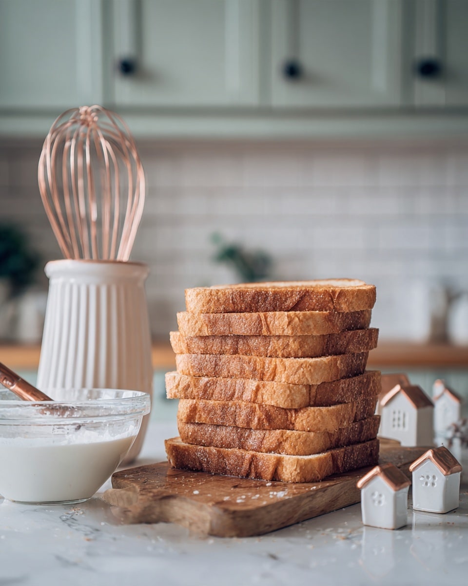 The image shows a stack of eight slices of light brown toasted bread with crispy edges placed on a wooden cutting board on a white marbled surface. To the left of the bread, there is a clear glass bowl filled with a creamy white liquid, with a whisk that has a copper handle resting inside. Behind the bowl, a tall white ceramic container holds a metal whisk. In the background, white tiled walls with black grout and soft green kitchen cabinets with black knobs are visible. Small white house-shaped decorative pieces sit to the right of the bread. Photo taken with an iphone --ar 4:5 --v 7