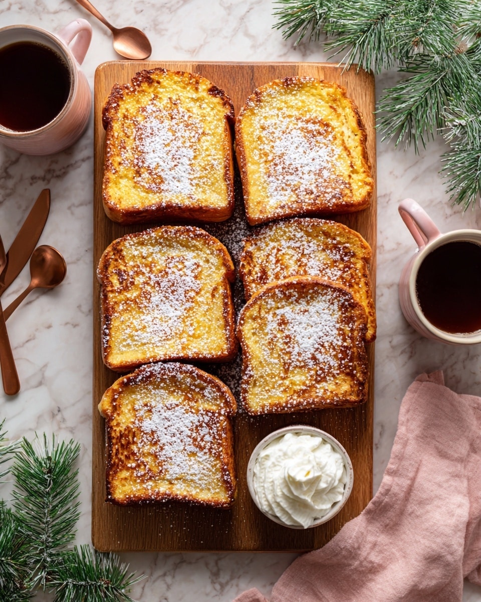 A wooden board holds six slices of golden brown French toast stacked in two slightly overlapping rows. The toast is dusted lightly with white powdered sugar, giving a soft texture on top. To the right of the board, a small container of white whipped cream sits on a light pink napkin, with whole brown nutmegs and a small grater nearby. Two white cups with a pink and gray pattern are filled with a rich chocolate brown drink and placed opposite each other on a white marbled surface. A dark green branch of pine lies at the bottom, adding a fresh, natural touch. photo taken with an iphone --ar 4:5 --v 7