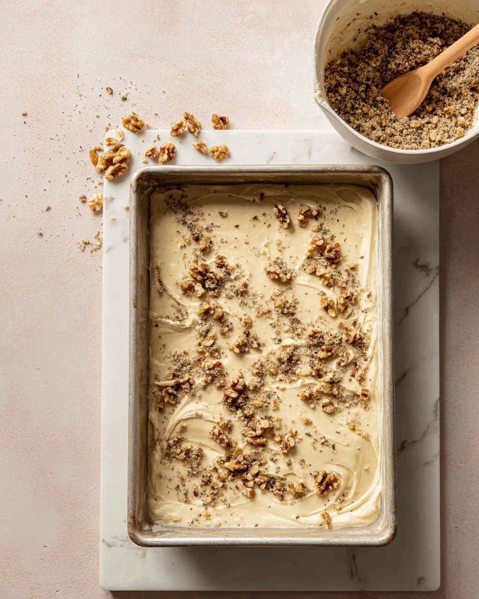 A old rectangular baking tray filled with a thin, shiny layer of light beige dough sprinkled unevenly with small brown and green crumbly bits, a white bowl with more crumbly mix sits behind the tray to the left, and a white pot with a wooden spoon sticking out is placed to the right, all set on a white marbled surface with a plain light pink wall in the background photo taken with an iphone --ar 4:5 --v 7
