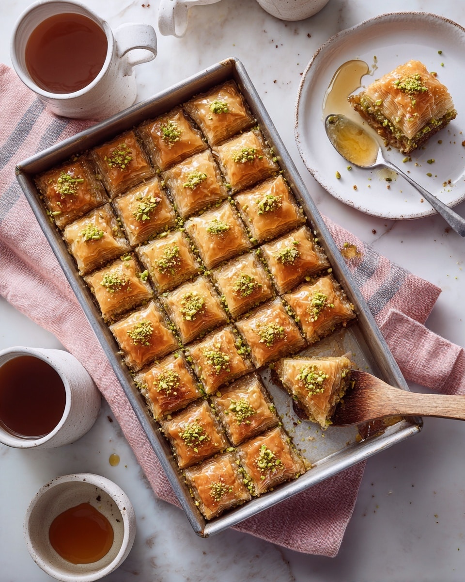A large dark baking tray filled with a golden brown dessert cut into diamond-shaped pieces, each topped with crushed green pistachio bits. One piece is taken out, placed on a wooden spatula, and positioned to the right of the tray. Two pieces are also on a white speckled plate at the top right corner. The tray rests on a soft pink cloth with thin gray stripes, all set on a white marbled surface. Two white cups with creamy light brown liquid sit on the left and top edges, along with a small white bowl containing amber syrup at the top. photo taken with an iphone --ar 4:5 --v 7
