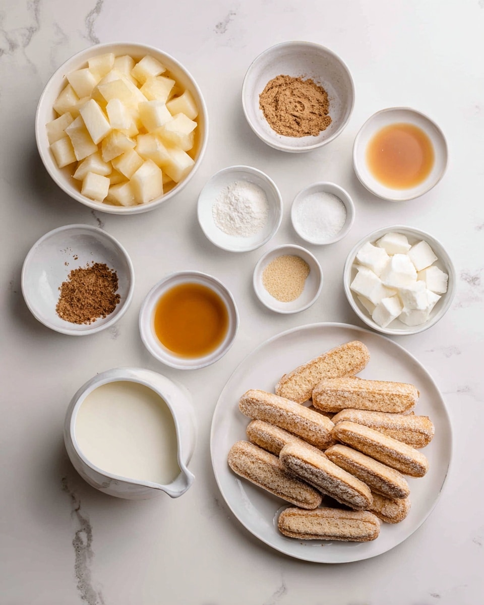 The image shows many small white bowls and dishes arranged on a white marbled surface. On the left side, there is a large white bowl filled with light yellow chunks of fruit. Smaller bowls hold brown spices, white granulated sugar, golden syrup, and light brown liquid. In the middle, a small white pitcher contains white milk, and next to it is a bowl of white creamy mixture. On the right side, a white plate holds many beige ladyfinger biscuits stacked and spread out, showing their soft, textured surface. The scene is bright and neat, with each ingredient clearly visible and separated. Photo taken with an iphone --ar 4:5 --v 7