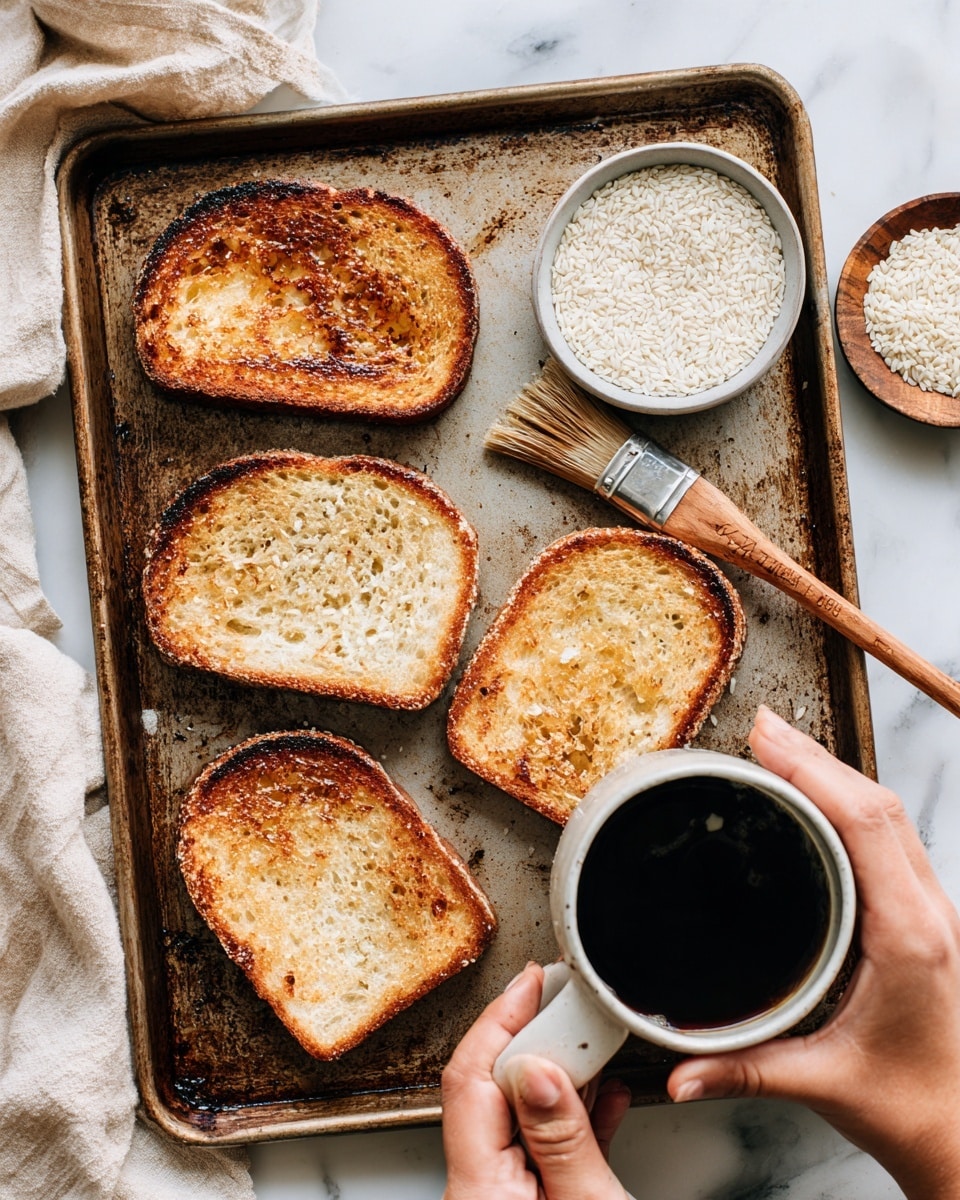 Five slices of toasted bread are arranged on an old metal baking tray with a white marbled surface underneath. The top-left slice shows some browning, while the other slices have a light golden texture. A woman's hand holds a brush with a wooden handle, spreading a liquid over the bottom-left slice, creating a glossy effect. Another woman's hand holds a white cup filled with dark liquid, showing a cinnamon stick floating inside. A small bowl with white coarse grains is placed near the bread on the tray. Photo taken with an iphone --ar 4:5 --v 7