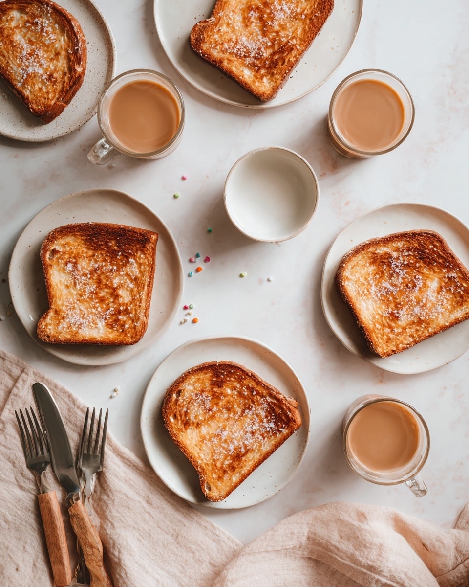Several slices of golden brown toasted bread with small white sugar crystals and seeds sprinkled on top are arranged on three white plates, each showing a single piece, and one larger plate holding a stack of multiple slices is placed nearby. Two clear glass cups filled with light brown coffee sit on the white marbled surface, one next to a small empty white bowl in the center of the image and the other beside a beige cloth with a few small blue and yellow beads. Three forks with wooden handles are grouped together on the lower left near one of the plates. The whole scene is set on a clean white marbled background, showing a neat, cozy breakfast setup photo taken with an iphone --ar 4:5 --v 7