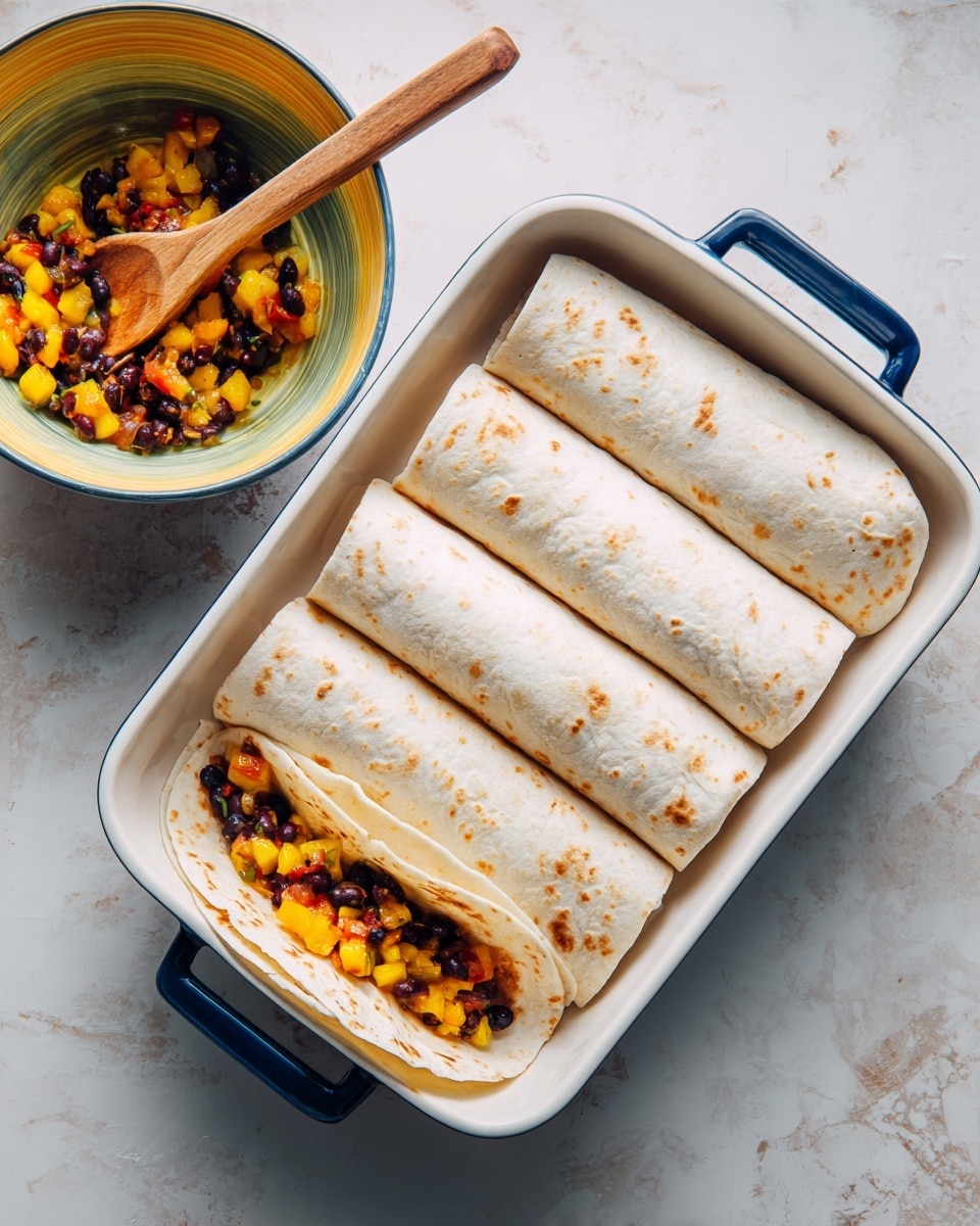 The image shows a white rectangular dish with a blue handle filled with four rolled tortillas placed side by side, each tortilla white and soft with a slightly rough texture, the bottom tortilla partially open revealing a filling of black beans, yellow mango, and small red pieces, which looks juicy and mixed. To the left of the dish, there is a bowl with a gradient from green to yellow on the outside, containing the mixed filling and a wooden spoon. The setting features a white marbled textured surface underneath. Photo taken with an iphone --ar 4:5 --v 7