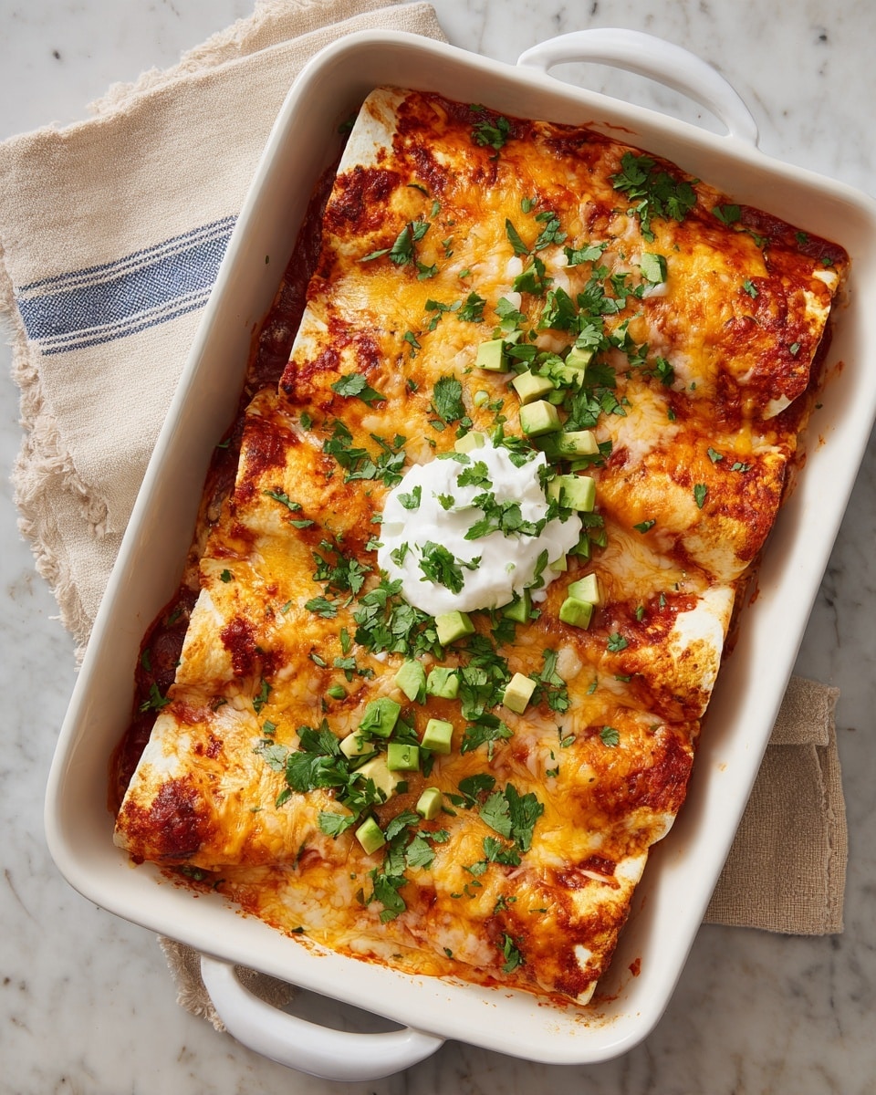 The image shows a rectangular blue-handled baking dish filled with six rolled enchiladas covered in melted cheese that has a slightly golden-brown color on top. The enchiladas are placed side by side in two columns, with a rich red sauce peeking around the edges. There are small chunks of green avocado and fresh, green cilantro leaves scattered evenly over the cheese layer. In the center of the dish, a dollop of white sour cream adds contrast. The dish is set on a white marbled surface with a white and blue striped cloth nearby. Photo taken with an iphone --ar 4:5 --v 7