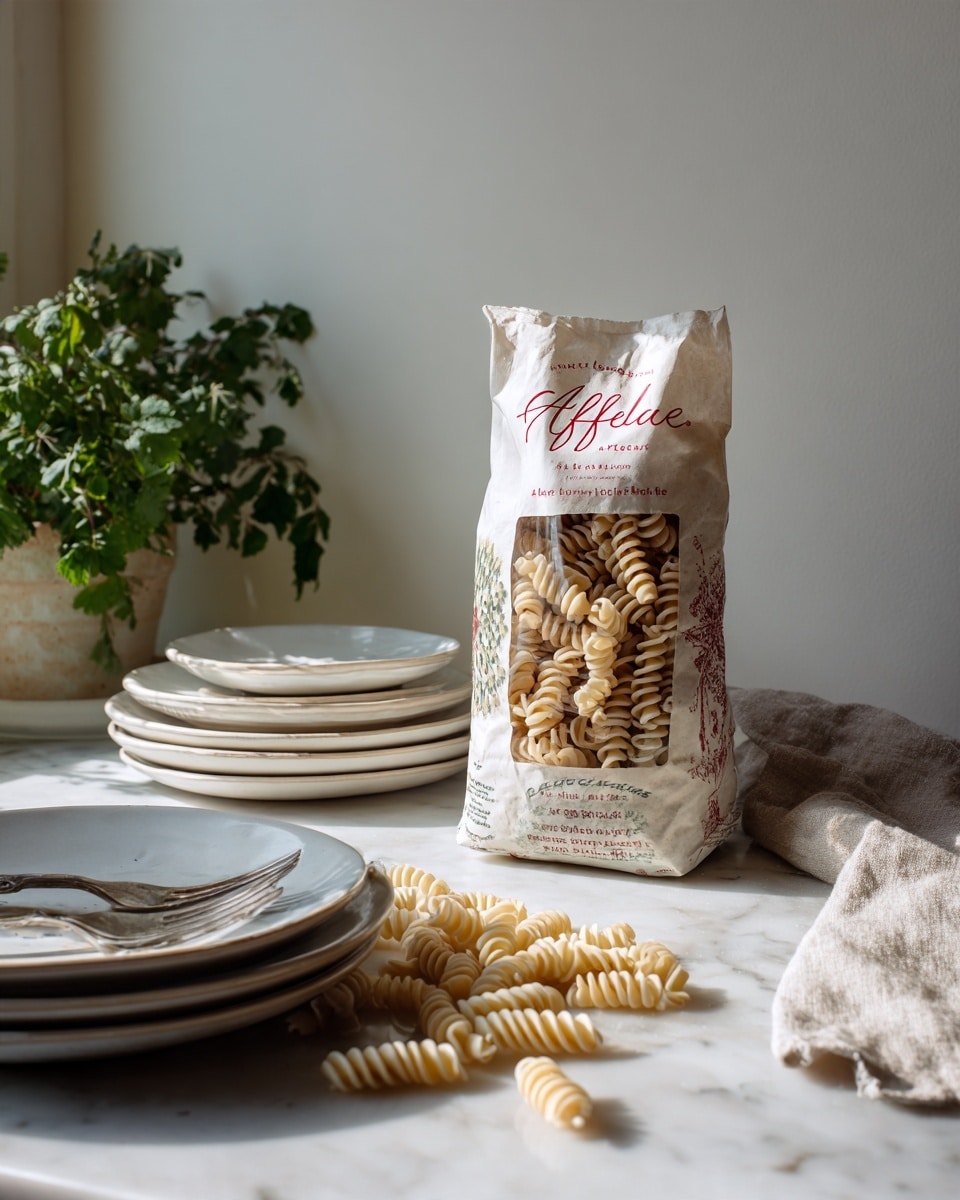 A white bag of Afeltra pasta stands upright on a white marbled surface, filled with light beige spiral pasta visible through a clear window in the middle of the bag. The bag has red and green text and designs on it. In front of the bag, several spiral pasta pieces are scattered on the surface. To the left, there are stacked white plates with a silver fork resting on top, and in the background to the left, there is a green leafy plant. A folded beige cloth is placed to the right on the same white marbled surface. The scene is softly lit by natural light with a plain white wall in the background. photo taken with an iphone --ar 4:5 --v 7