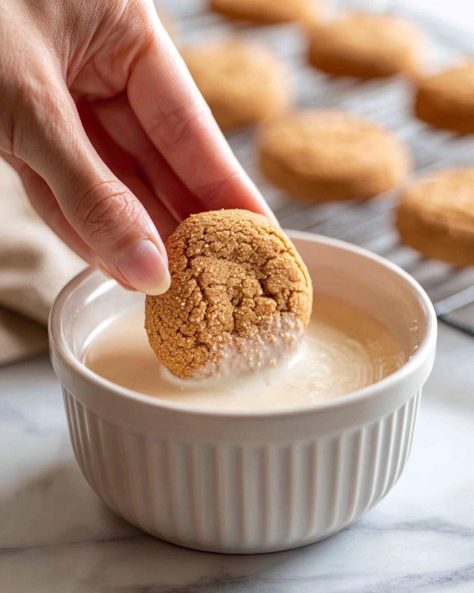 A woman's hand is dipping a small, round, light brown cookie into a shallow white bowl filled with a creamy white liquid. The cookie has a slightly rough texture with small cracks on its surface. The bowl is set on a white marbled surface, and in the background, there are blurred cookies resting on a cooling rack. The photo is close-up, focusing on the hand, cookie, and bowl. photo taken with an iphone --ar 4:5 --v 7