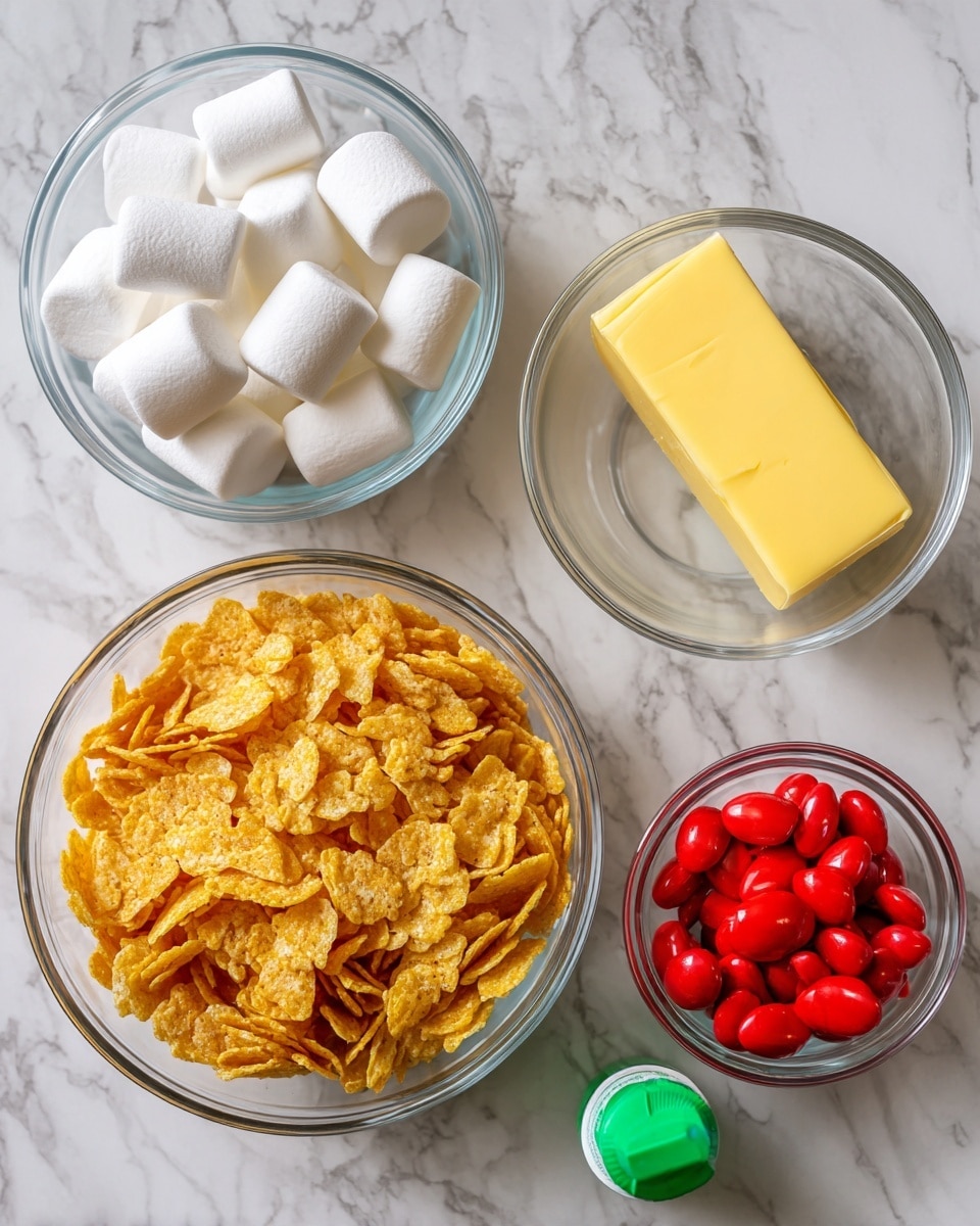 Four clear glass bowls sit on a white marbled surface. The largest bowl in the bottom right corner is filled with golden corn flakes, showing a crispy and flaky texture. Above it to the left is a slightly smaller bowl with big white marshmallows, soft and puffy. To the top right a small bowl holds a neat, rectangular piece of yellow unsalted butter. Below the butter dish is another small bowl filled with bright red candies that shine and look smooth. Next to the candies is a small green bottle of food color, pointed tip facing right. photo taken with an iphone --ar 4:5 --v 7