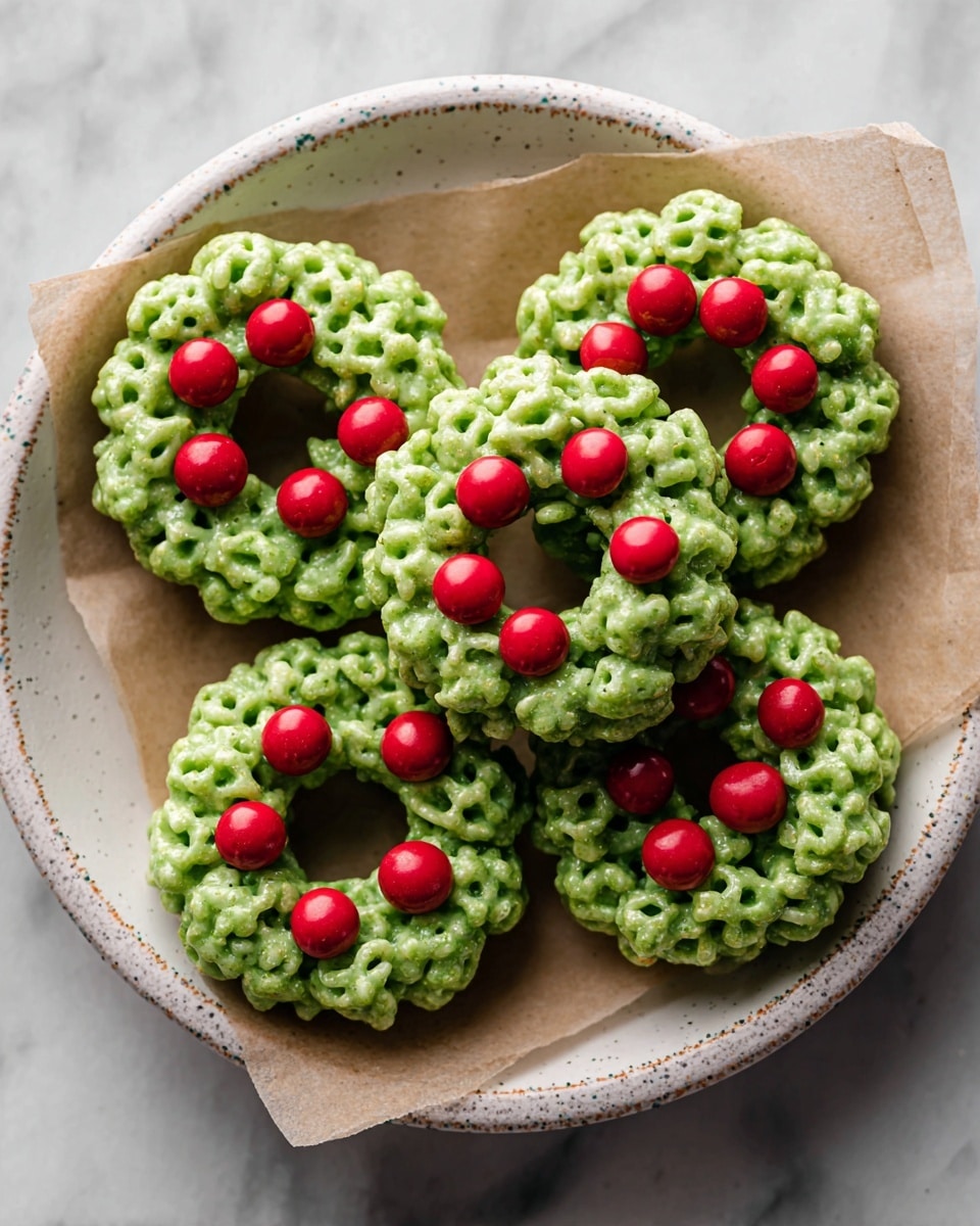 The image shows six small green wreath-shaped treats arranged in a round white bowl lined with parchment paper. Each treat is made of textured clusters coated in a shiny green glaze, creating a rough but glossy surface. On top, there are bright red round candies placed evenly around the wreaths, adding vivid contrast. The bowl edges have a subtle multicolor pattern, and the background features a white marbled texture. The scene is bright with soft natural light, highlighting the colors and textures clearly. photo taken with an iphone --ar 4:5 --v 7