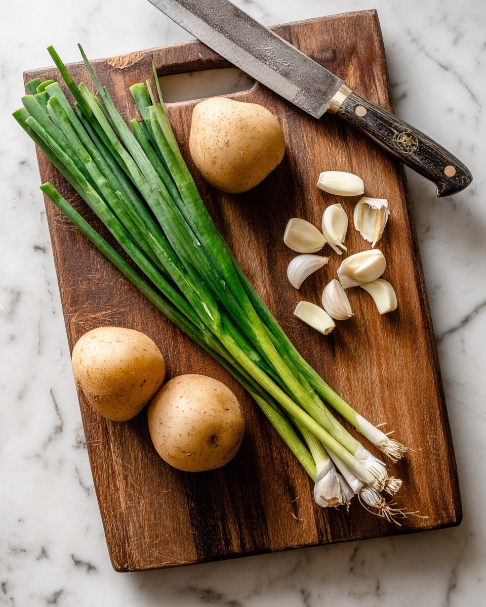 The image shows a wooden cutting board with a bunch of fresh green onions placed diagonally across the center. To the left of the onions, there are two round, light brown Asian pears sitting side by side. To the right of the onions, there are four peeled garlic cloves scattered in a small group. At the top of the cutting board, a large metal kitchen knife with a dark handle rests horizontally above the vegetables. The background is a white marbled texture. photo taken with an iphone --ar 4:5 --v 7