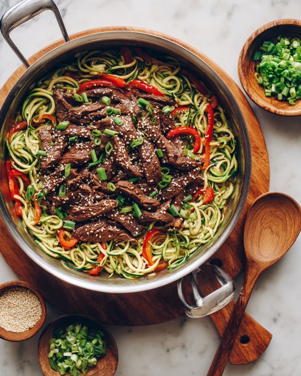 In a large silver pan, there is a dish with three main layers: the bottom layer is a spiral of light green zucchini noodles mixed with thin, bright red strips of bell pepper, the middle layer consists of slices of cooked brown beef placed on top of the noodles and peppers, and the top layer is sprinkled with white sesame seeds and small pieces of chopped green onions. Next to the pan, there are two small wooden bowls, one filled with chopped green onions and the other filled with white sesame seeds, along with a large wooden spoon. The whole setup sits on a white marbled surface. Photo taken with an iphone --ar 4:5 --v 7