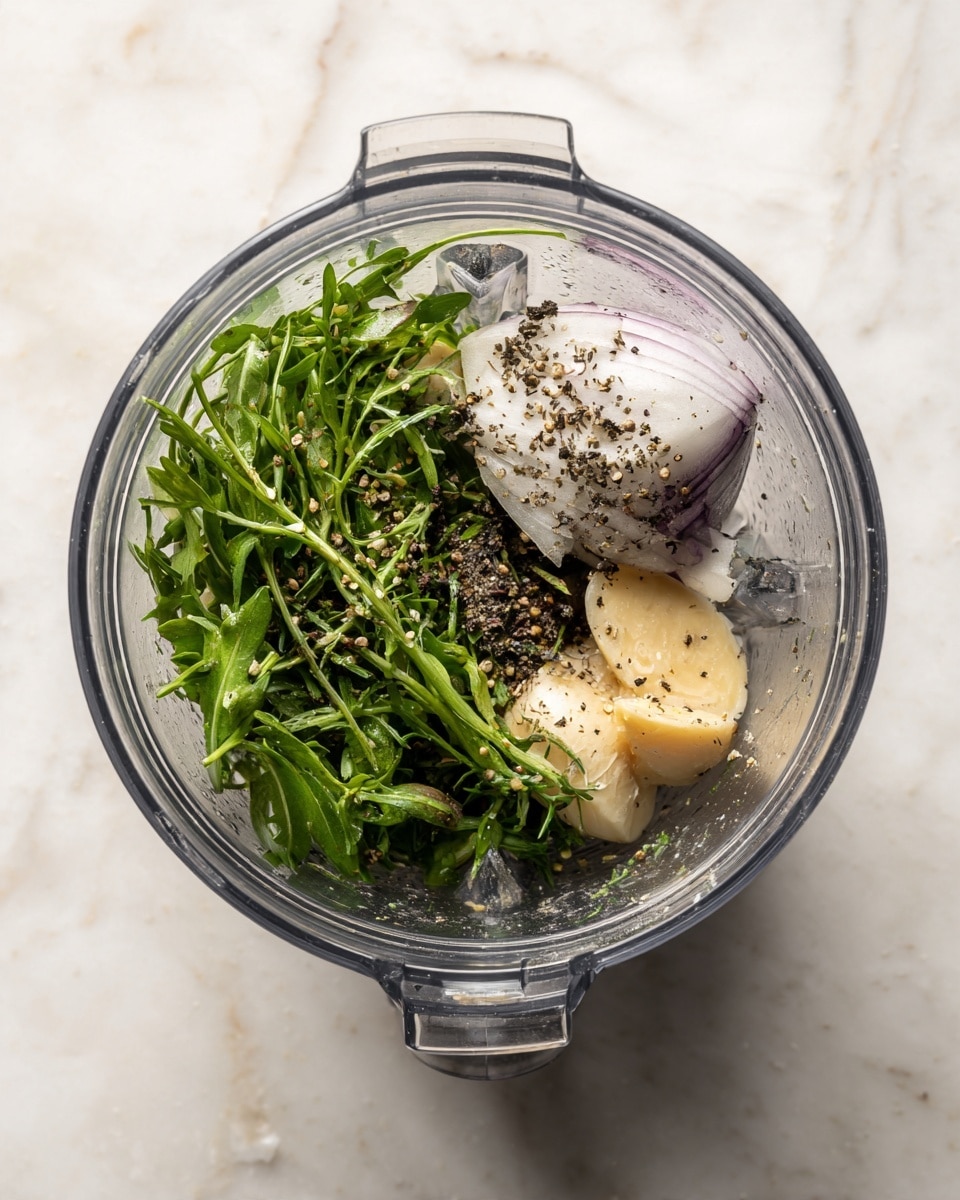 Inside a blender, there is a mix of ingredients. On the left side, there is a bunch of green leafy herbs with thin, long leaves. On the top right, there is a half piece of a white and purple vegetable. On the bottom right, there are two small portions of a soft, light yellow paste. The ingredients are sprinkled with small black pepper specks. The blender container is clear, showing all the layers inside, sitting on a white marbled surface. photo taken with an iphone --ar 4:5 --v 7