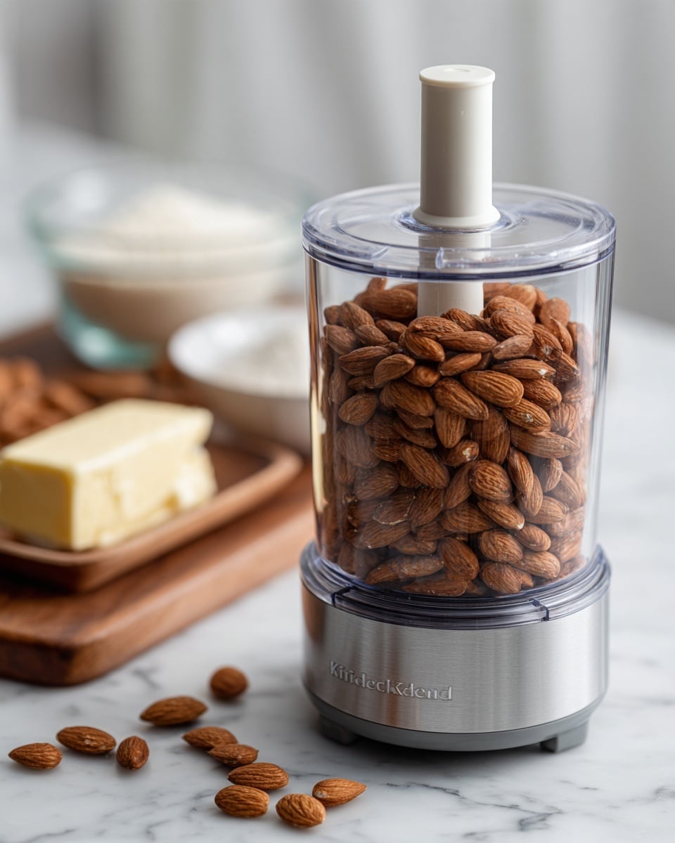 The image shows a small food processor with a clear container filled with whole almonds, sitting on a white marbled surface. The base of the food processor is silver with a label that says KitchenAid. The white blade spindle stands upright in the center of the almonds. The clear plastic lid of the processor is placed next to it on the surface. In the blurry background, there is a wooden board with a small clear glass bowl containing a butter block and another bowl with white powder, both out of focus. Photo taken with an iphone --ar 4:5 --v 7