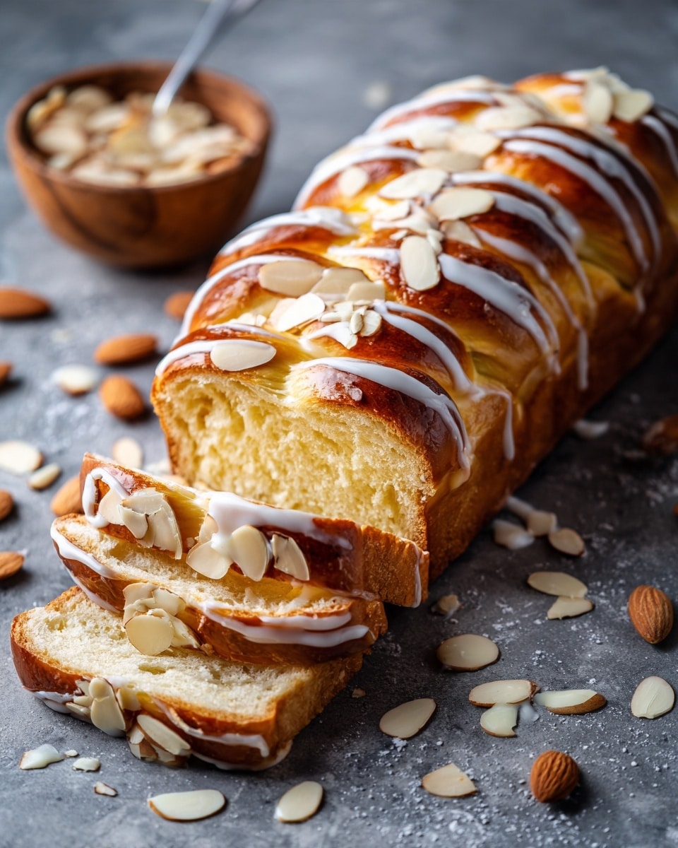A golden brown braided pastry is shown with a smooth texture and a splash of white icing drizzled on top, decorated with light beige almond slices scattered evenly across the surface. Three pieces are cut from the pastry, revealing the soft, light yellow inside with a fluffy texture. The pastry rests on a dark stone surface, with a small wooden bowl filled with more almond slices visible in the corner and a white marbled plate with flour on the edge of the image. Photo taken with an iphone --ar 4:5 --v 7